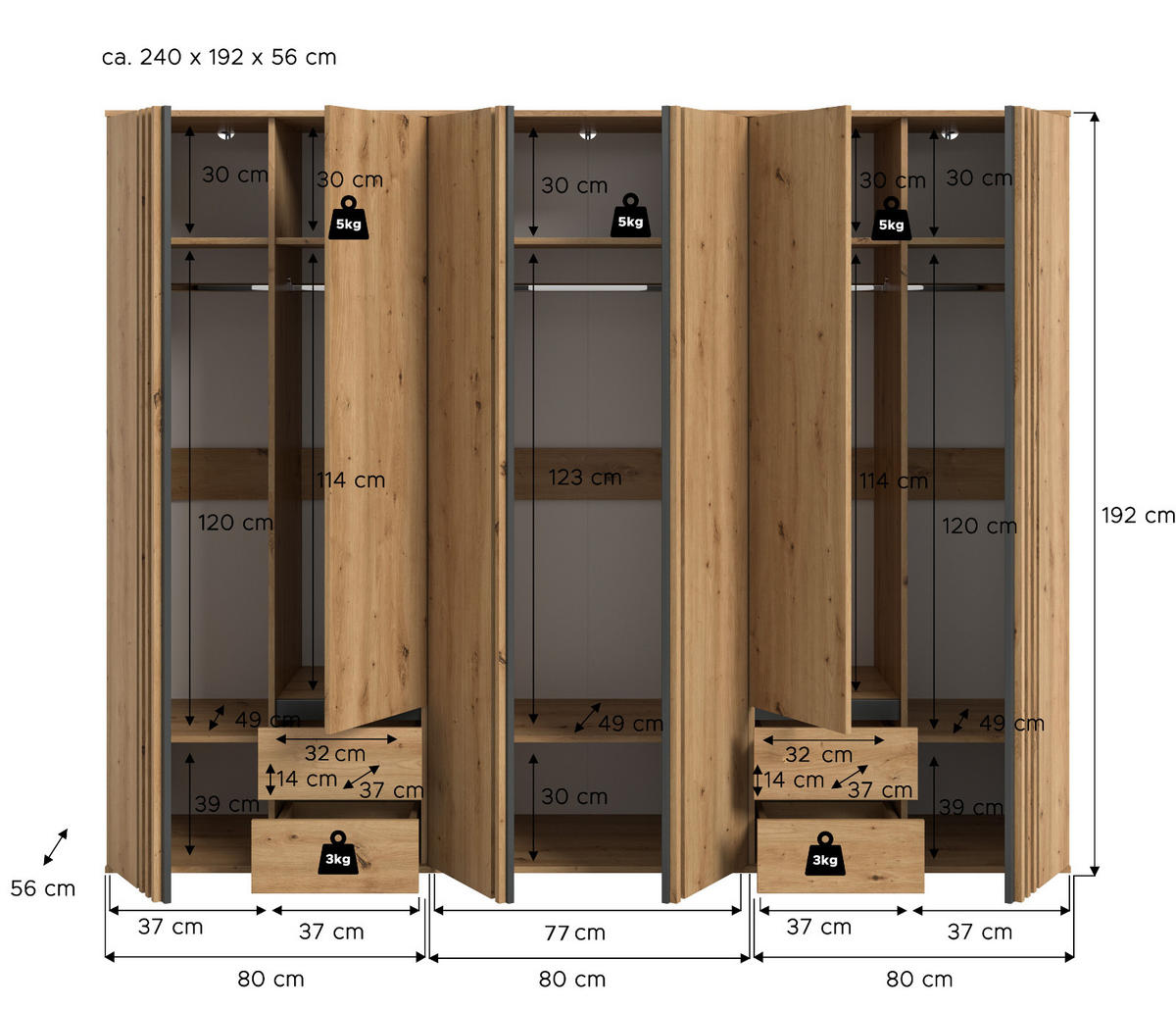KLEIDERSCHRANK Eiche Artisan, grau 240 x 192 cm, Drehtürenschrank 6-türig - Anthrazit/Eiche Artisan, Holzwerkstoff (240/192/56cm) - Inn.Furn