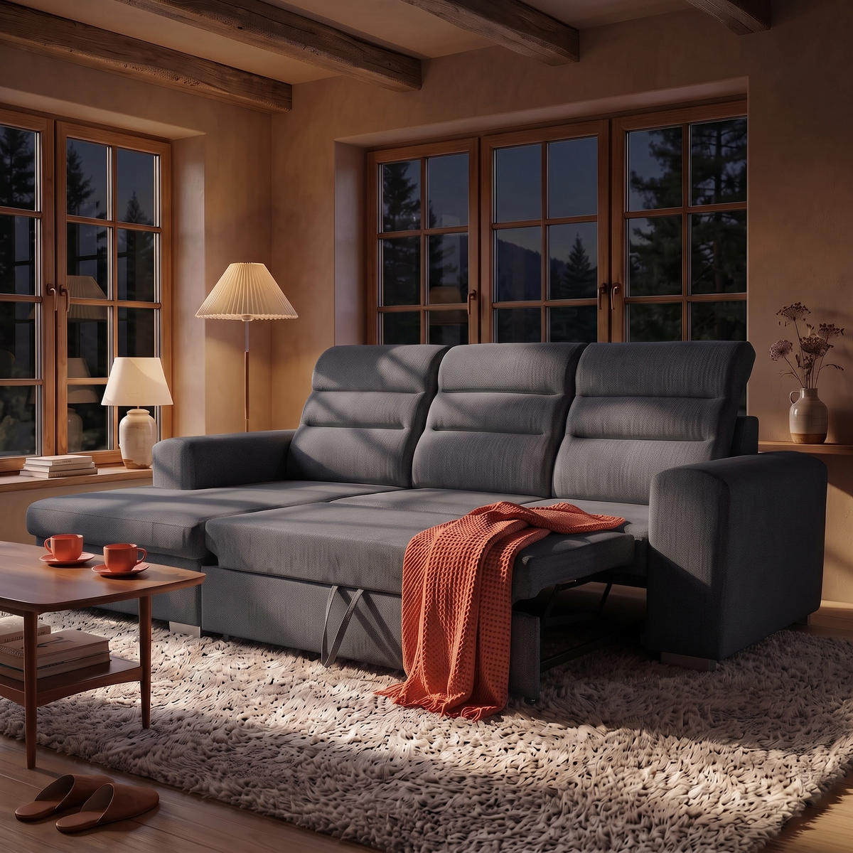 ECKSOFA CLOUD S Links mit Schlaffunktion 120x200 Velours Dunkelgrau - Chromfarben/Dunkelgrau, Holz/Kunststoff (155/260cm) - Muffo