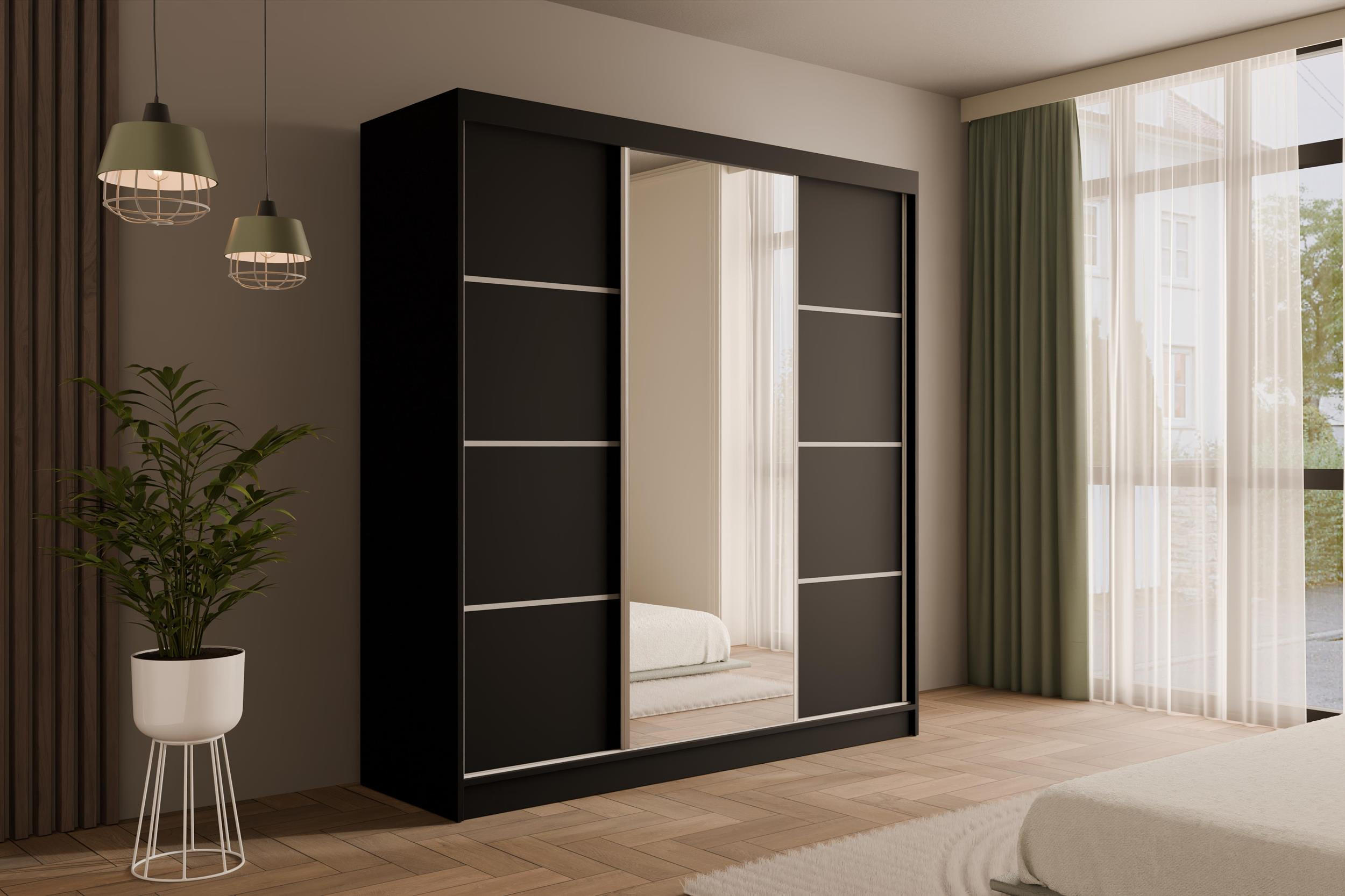 KLEIDERSCHRANK mit Spiegel V2-LOFTIA 215x200 cm Schwarz - Schwarz, Holzwerkstoff (200/215/61cm) - ALTDECOR
