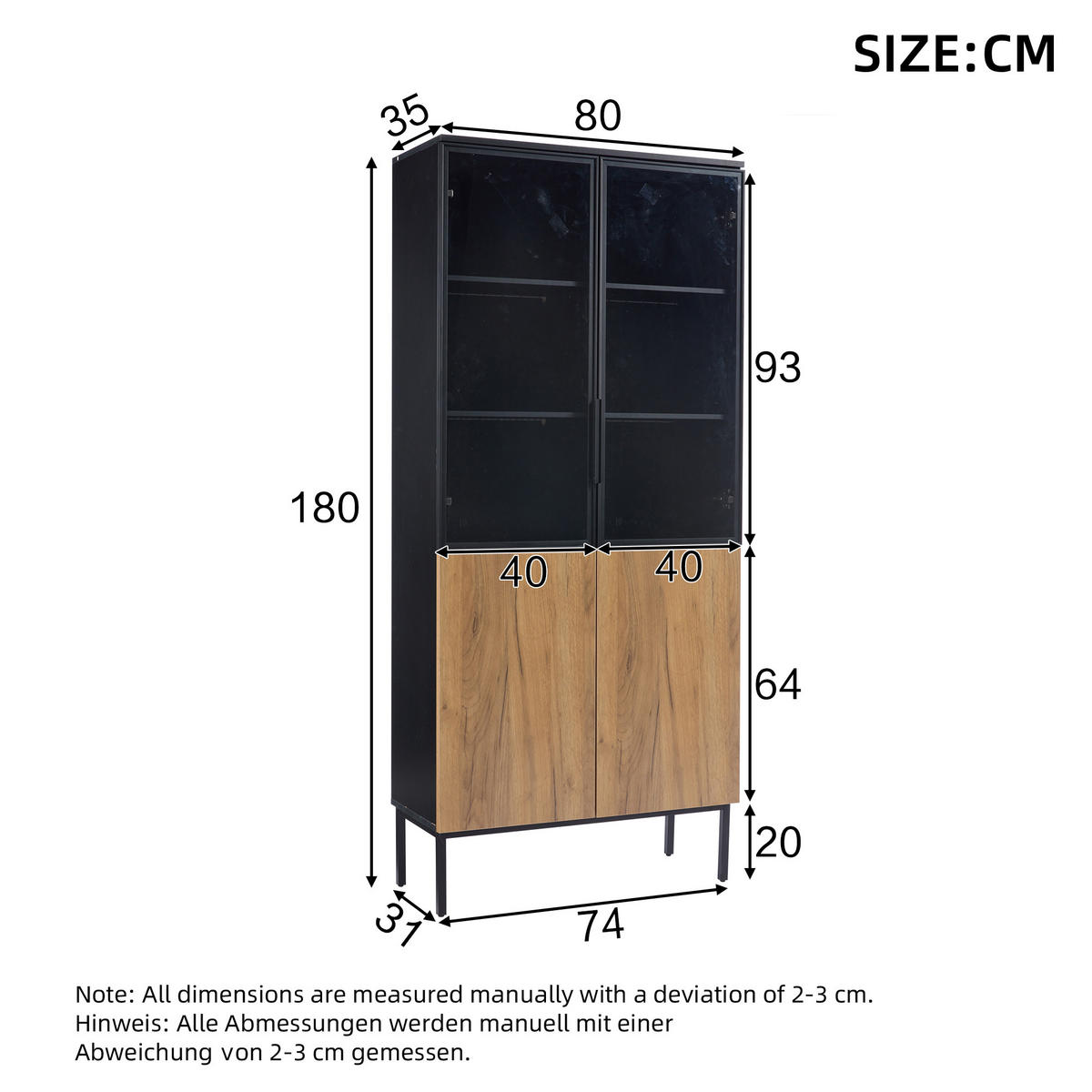 HIGHBOARD mit Glasvitrine LED-Beleuchtung 80/35/180cm - Schwarz, Holzwerkstoff (80/180/35cm) - Urban Meuble