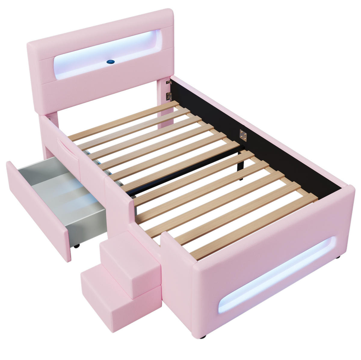 POLSTERBETT 90/200 cm rosa aus MDF/PU mit LED und Schublade - Rosa, Holzwerkstoff (90/200cm) - OKWISH