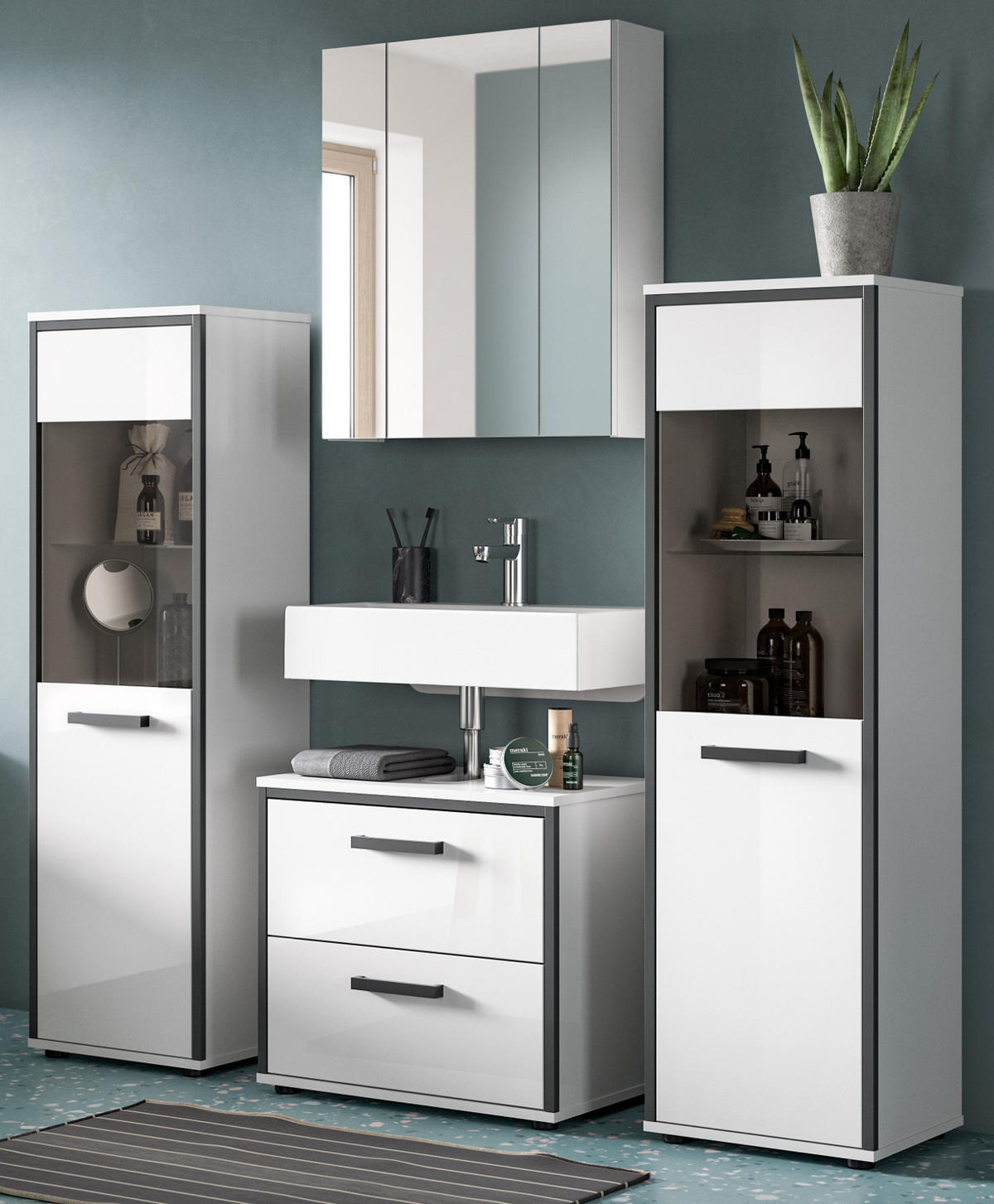 BADMÖBEL-SET 4-teilig 170 cm weiß Hochglanz, grau, Badezimmerschränke mit viel Stauraum - Weiß Hochglanz/Schwarz, Glas/Holzwerkstoff (170/190/37.5cm) - Inn.Furn