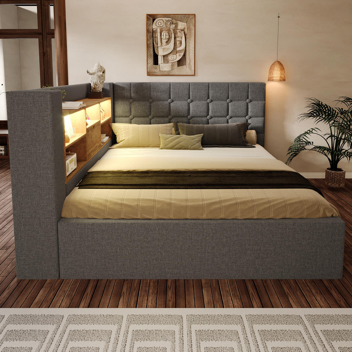 POLSTERBETT 140/200 cm mit LED-Beleuchtung, Bettkasten und flexiblem Kopfteil - Grau, Textil (140/200cm) - BEAOK