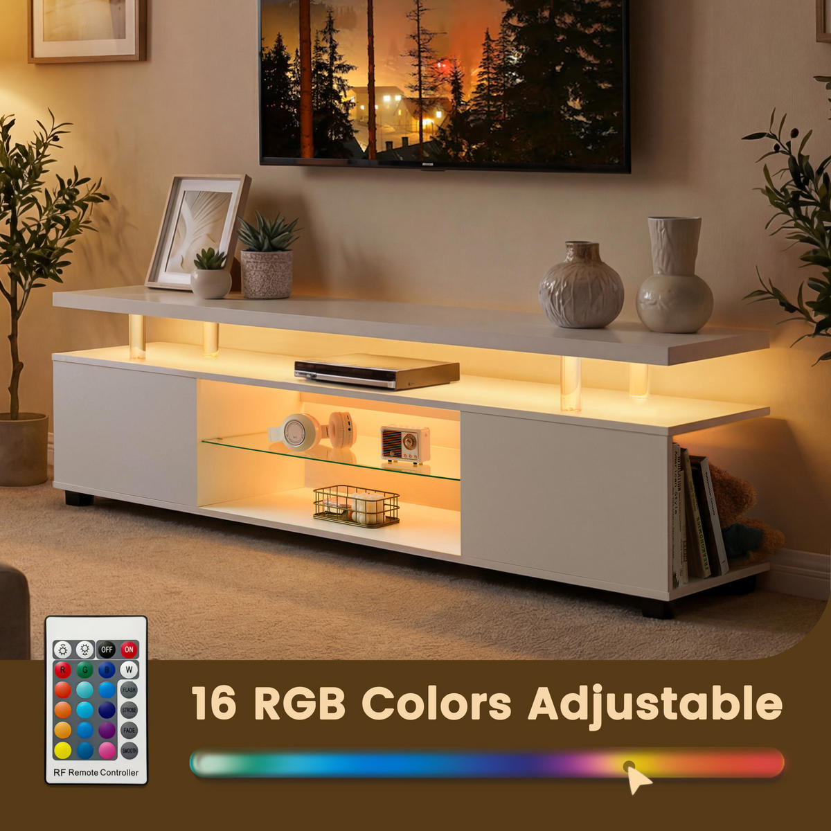 LOWBOARD aus Holzwerkstoff mit LED-Beleuchtung und 3 Stauräumen für TVs bis 60 Zoll Weiß - Weiß, Holzwerkstoff (130/48/40cm) - Modenvie