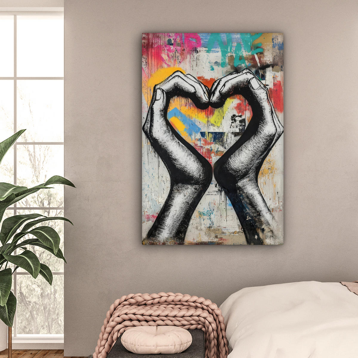LEINWANDBILD - Hände - Herz - Straßenkunst - Graffiti - 80x120 - Wanddeko - Multicolor, Textil (80/120cm) - MuchoWow