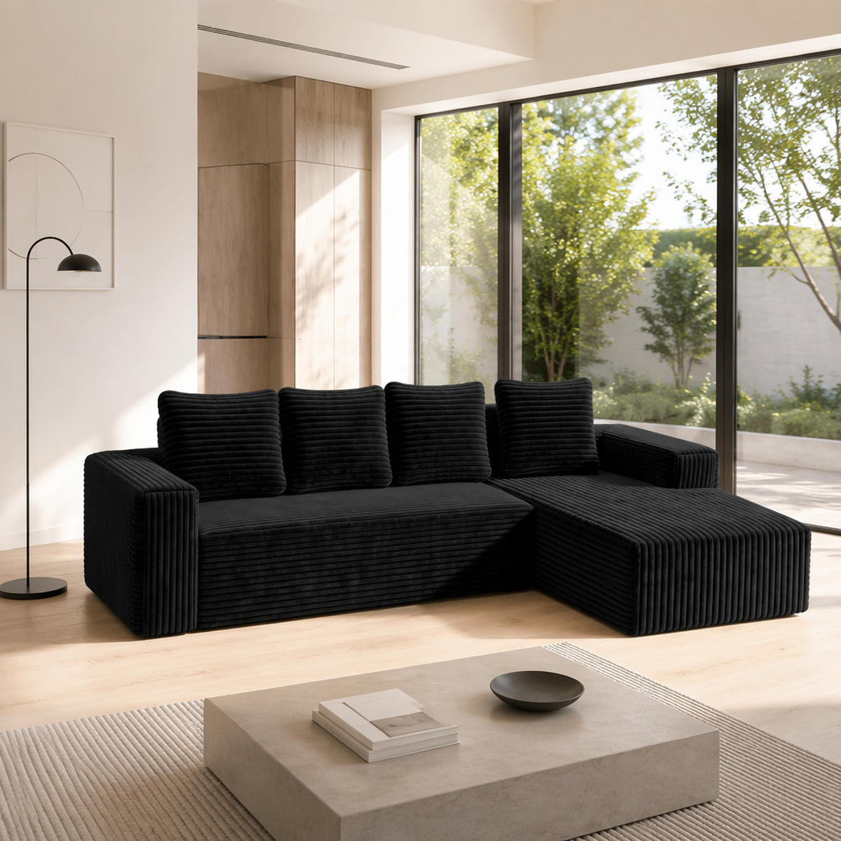 ECKSOFA Cloud L-Form mit linker Chaise, DE-42592, Schwarz - Schwarz, Textil (261/168cm) - ComfortXL