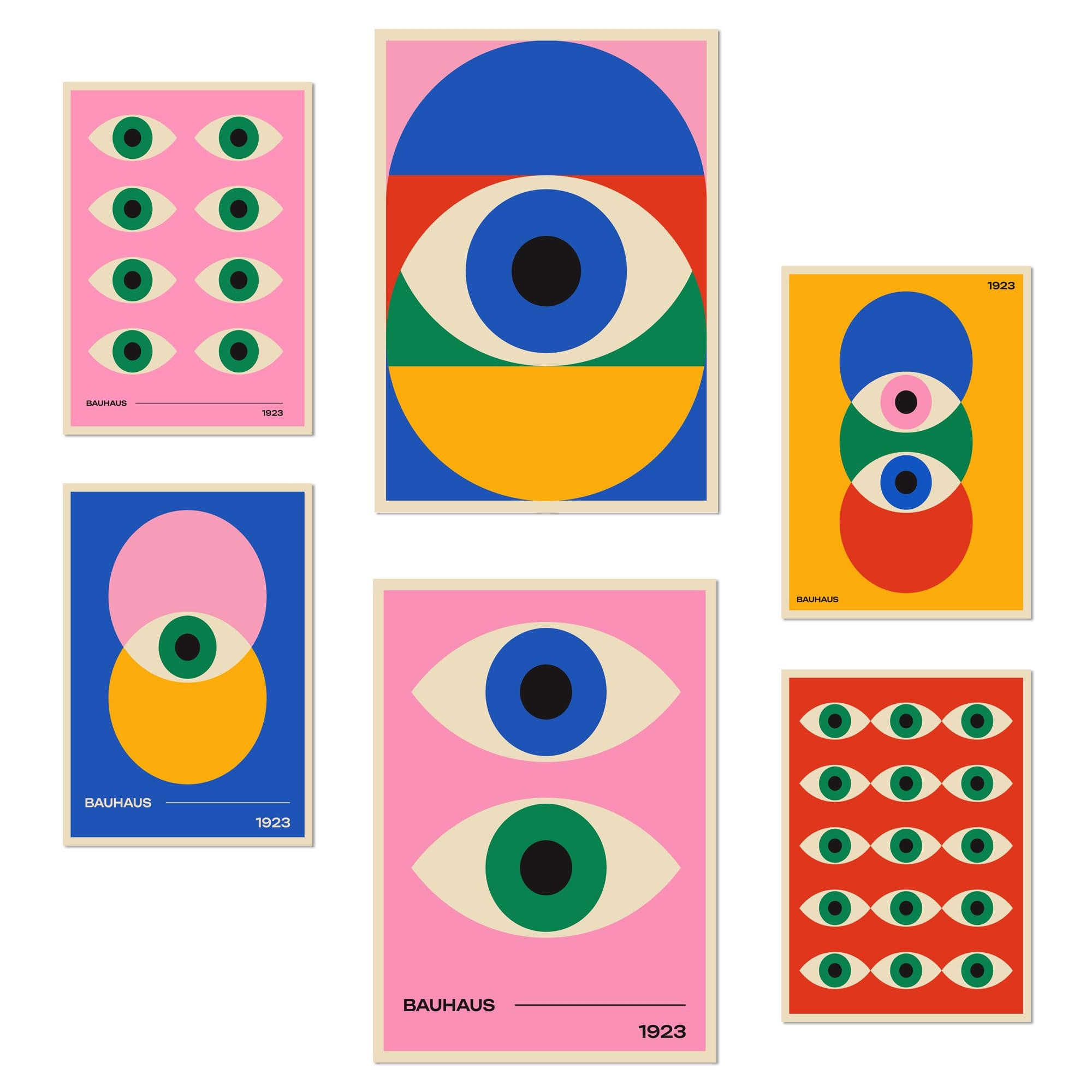 POSTER Set Mit 6 Geometrische Bauhaus Lebendige Farben Und Augen A3 & A4 Rahmenlos - Klar, Papier (29/3cm) - Nacnic