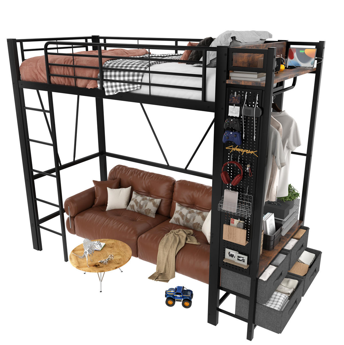 HOCHBETT aus Metall und MDF 90x200 cm Schwarz mit LED, USB-Type-C, 4 Schubladen, Kleiderstange und Lochplatte - Schwarz, Metall (160/200cm) - Modfu