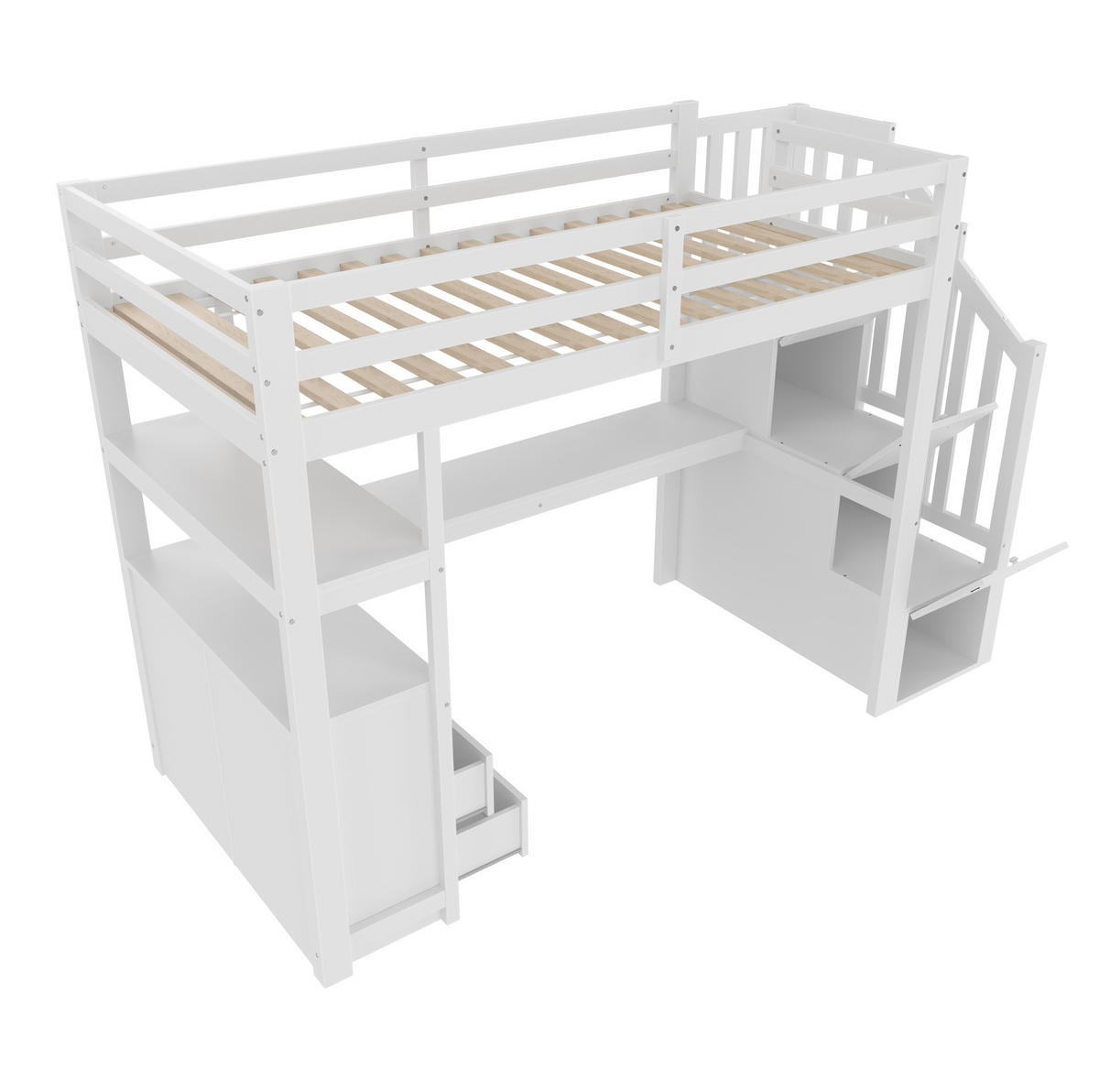 HOCHBETT aus Kiefer und MDF 90x200 cm Weiß mit Schreibtisch, Stauraumleiter, 2 Schubladen und Regalfächern - Weiß, Holzwerkstoff (90/200cm) - Modfu