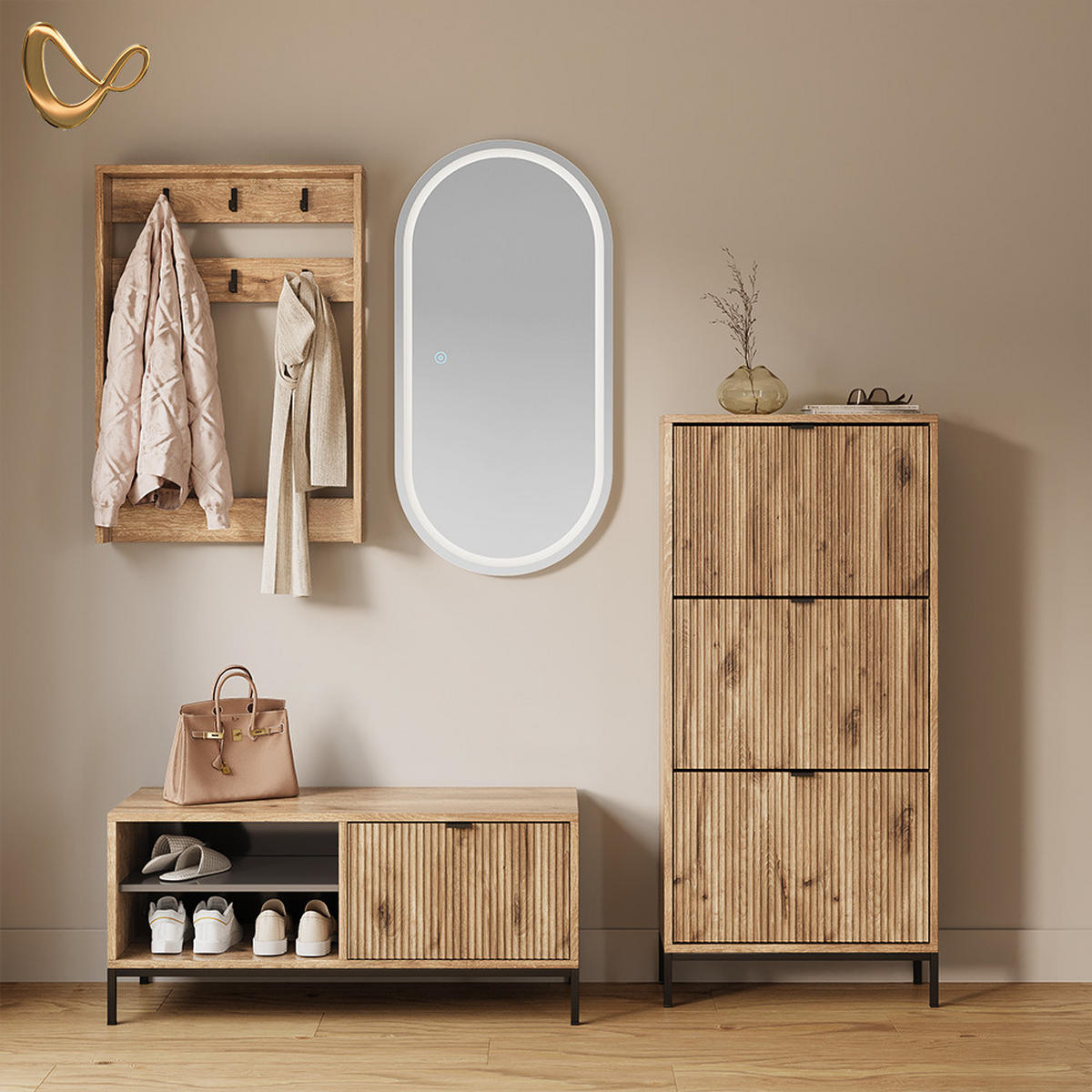 SCHUHKIPPER Aterno Viking Oak 60 x 130 cm mit 3 Klappschubladen - Eichefarben, Holzwerkstoff (60/130/24cm) - Livinity®
