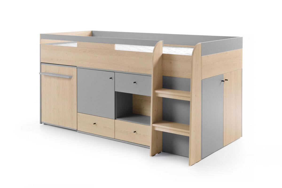 FUNKTIONSBETT OLAF 08 90/200 in Platin Grau / Biskuit Eiche - Eichefarben/Grau, Holzwerkstoff (90/200cm) - Deine Möbel 24