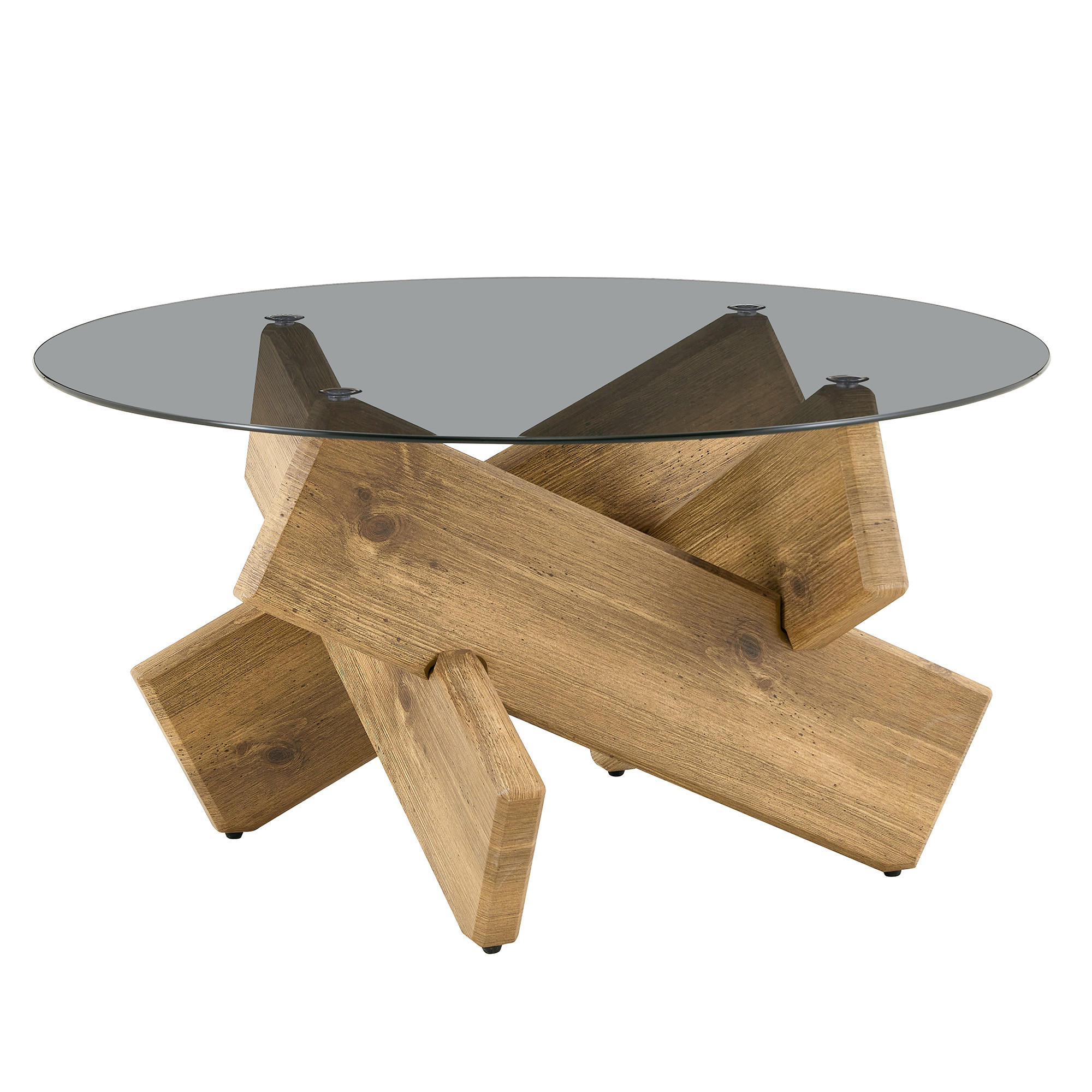 COUCHTISCH DE-37370 rund mit Glasplatte und skulpturalem Sockel Holz - Naturfarben, Holzwerkstoff (79/79/45cm) - ComfortXL