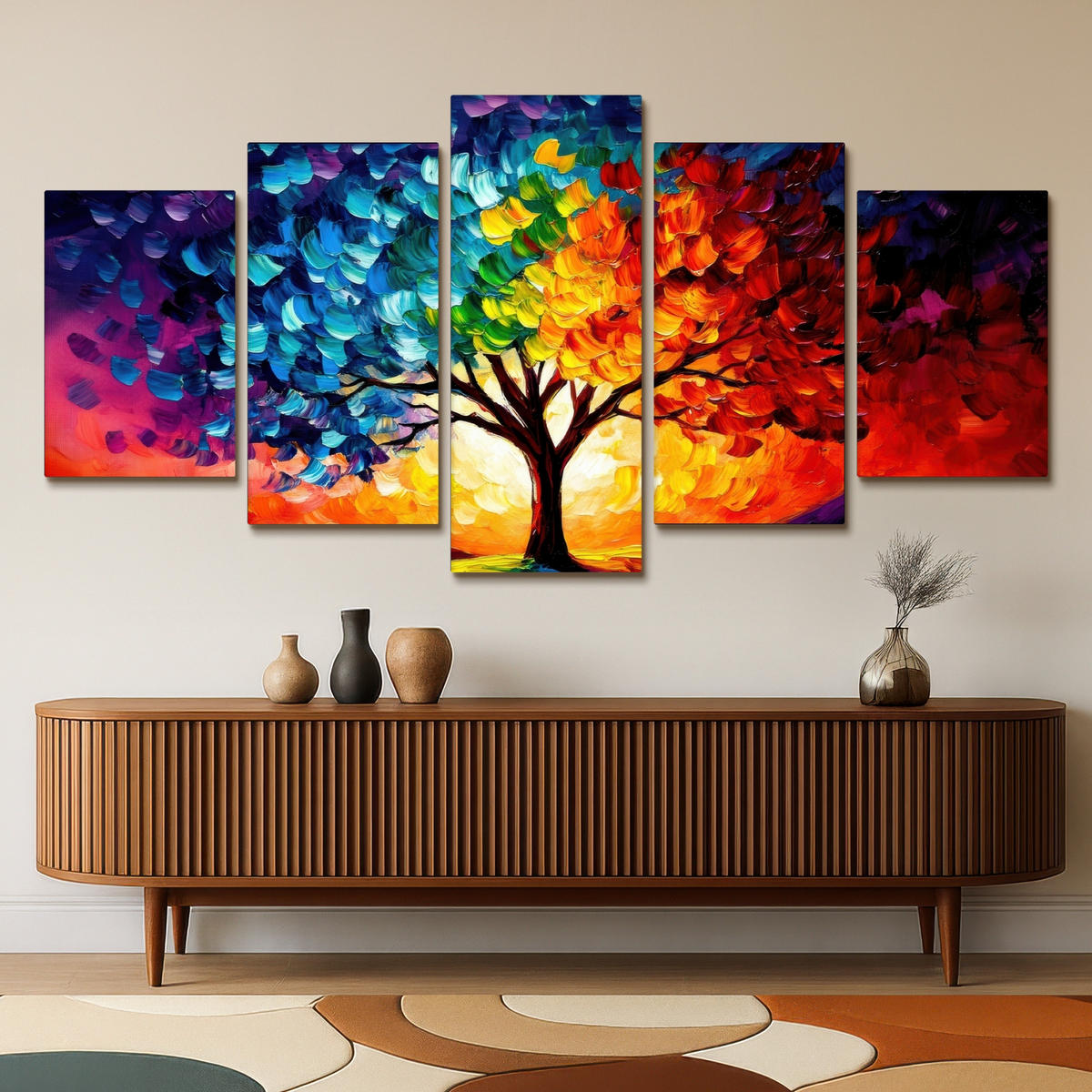 LEINWANDBILD 5er Set Baum - Farbenfroh - Malerei-Look - Abstrakt 200x100 cm - Multicolor, Textil (200/100cm) - MuchoWow