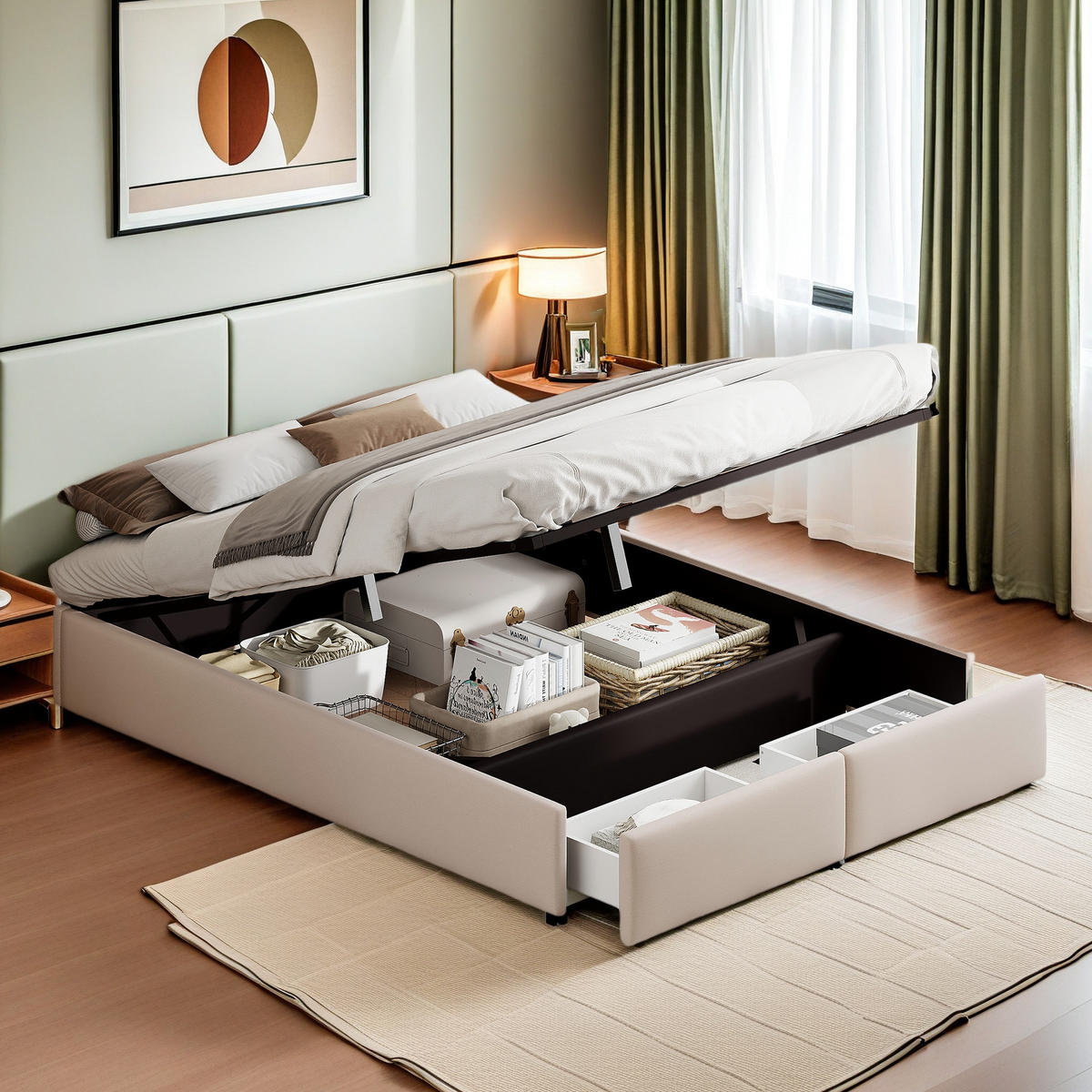 PLATTFORMBETT 140x200 Beige 2 Schubladen stabil - Beige, Metall (140/200cm) - SHOPENTRA
