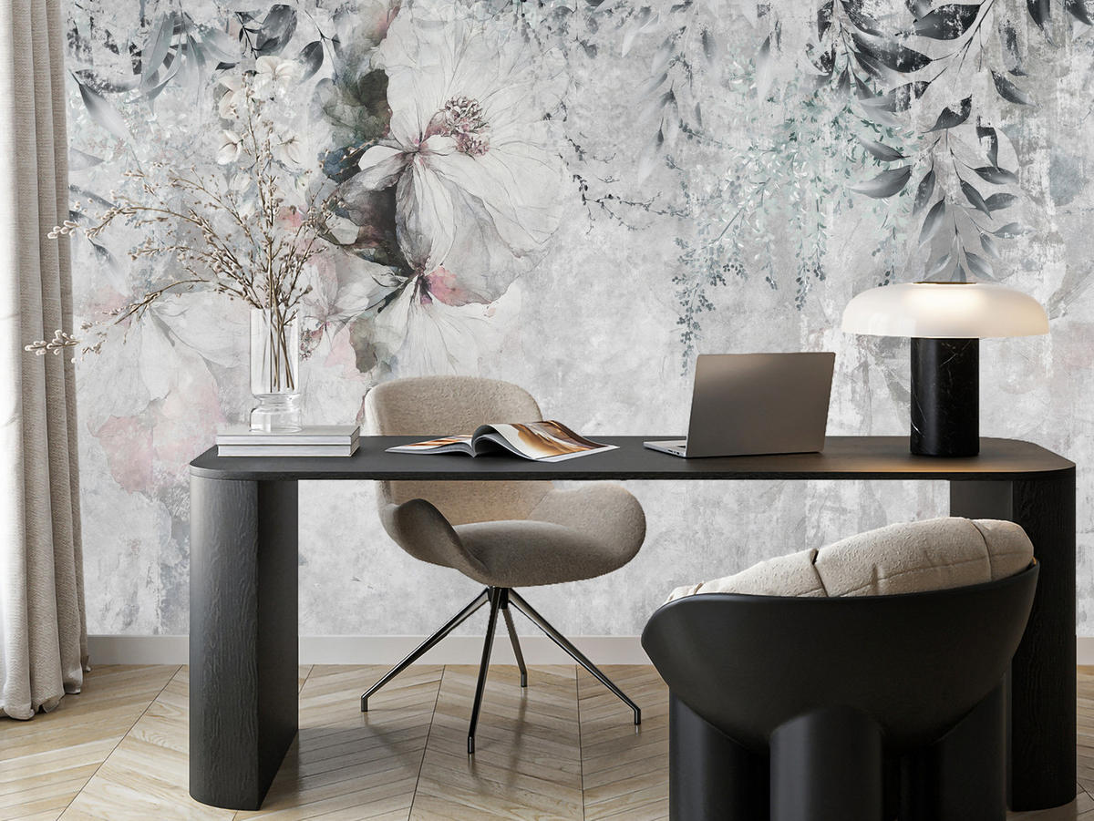 FOTOTAPETE für Büro Zarte Blätter Grau Betonwand Blumen Natur 450x315 - Grau, Papier (450/315cm) - Muralo