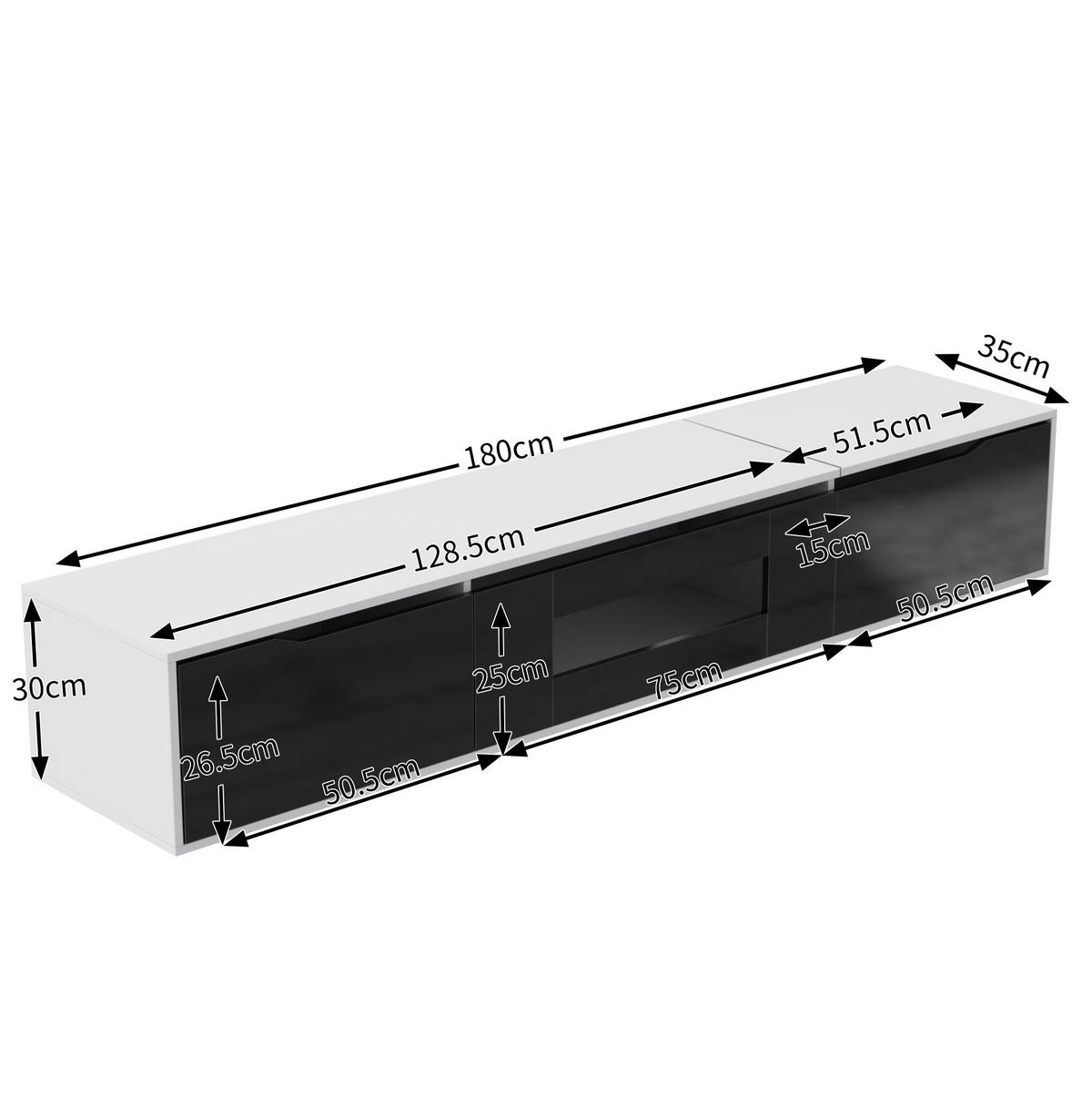 TV-SCHRANK mit LED 180 x 35 x 30 cm Hochglanz Schwarz-Weiß - Weiß, Holzwerkstoff (35/30/180cm) - Beauniv