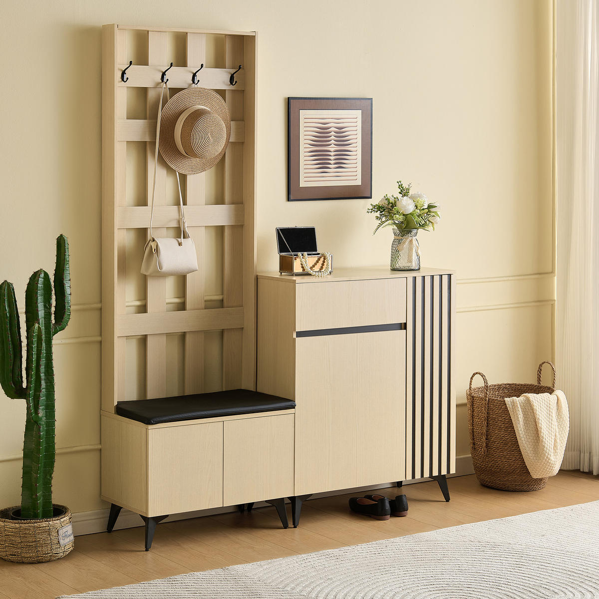GARDEROBE Set Sitzbank Schuhschrank Sideboard Modern Flur Weiß - Naturfarben, Holzwerkstoff (60/179.5/35cm) - FLIEKS