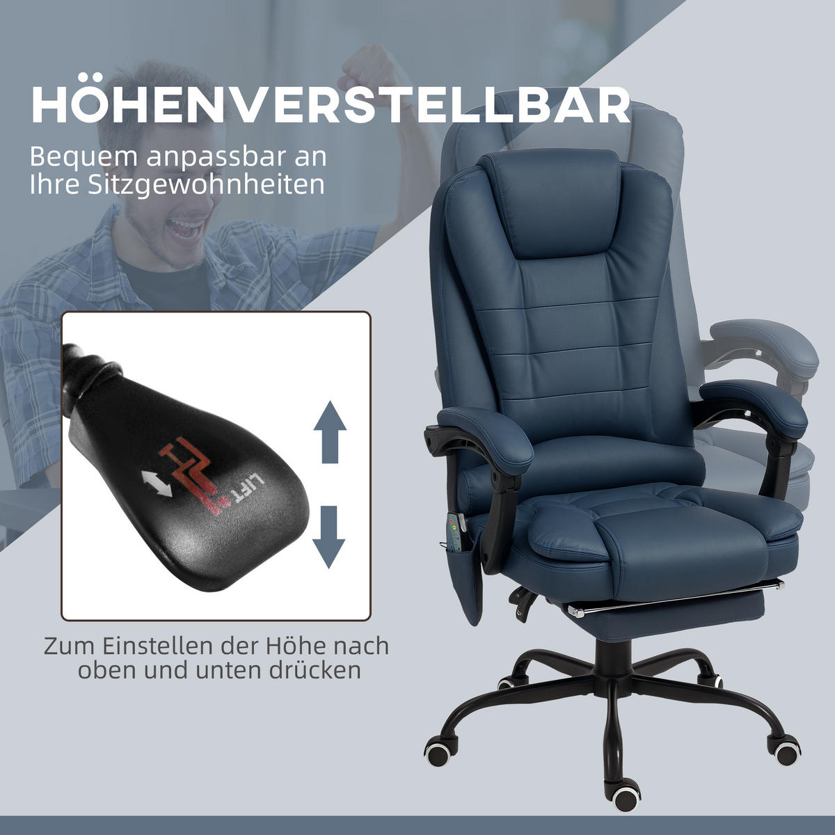 BÜROSTUHL mit 7 Punkt Massage, ergonomischer Chefsessel mit Liegefunktion - Blau/Schwarz, Kunststoff/Metall (67/121/67cm) - Vinsetto