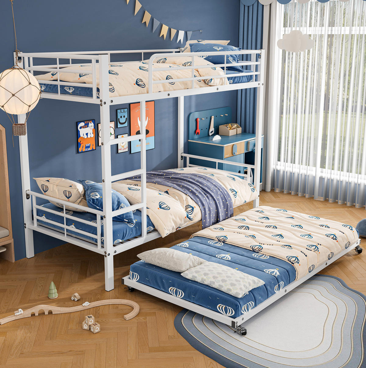 ETAGENBETT aus Metall 90x200 cm Weiß mit Ausziehbett 90x190 cm und Leiter - Weiß, Metall (90/190cm) - IVMEU