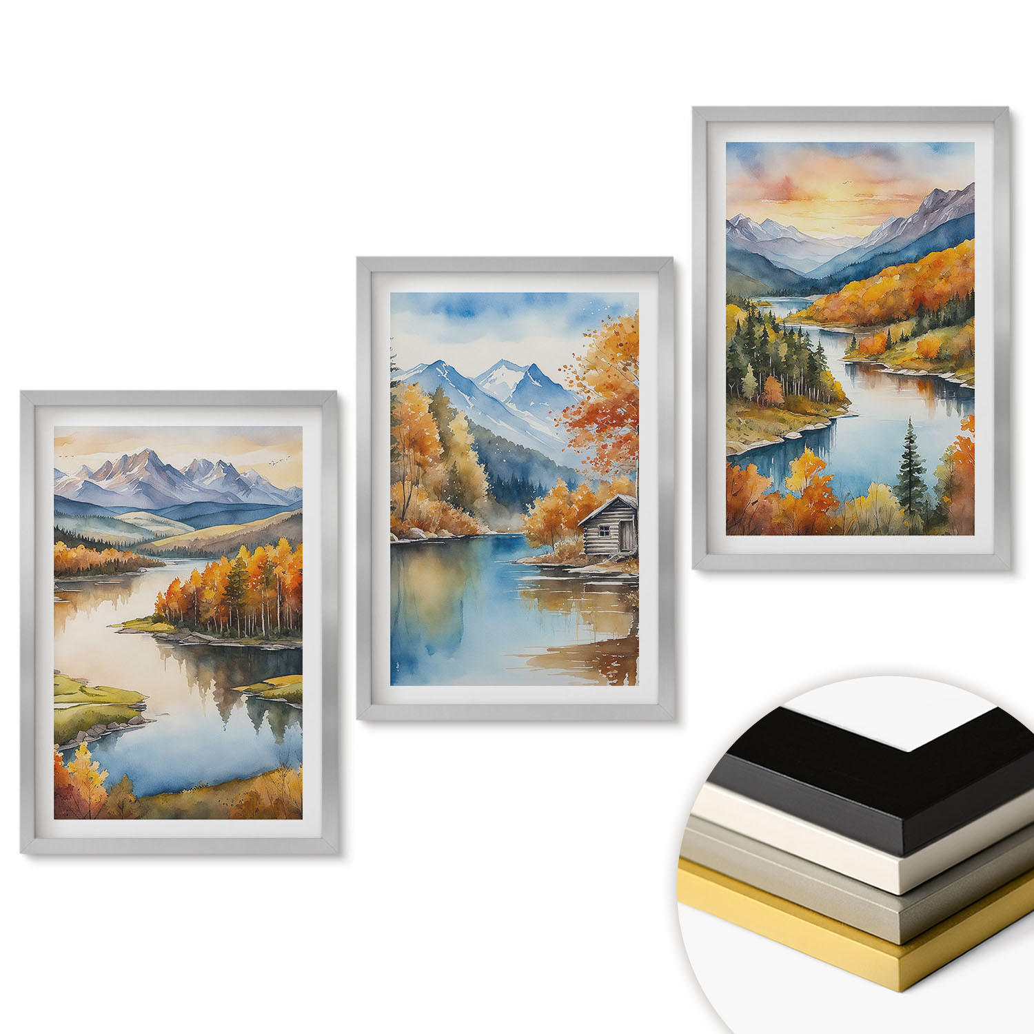 WANDBILDER 3er Set - 40x60 cm Silberner Rahmen - Herbstliche Berglandschaften - Silberfarben, Kunststoff (40/60cm) - ArtPrintCave