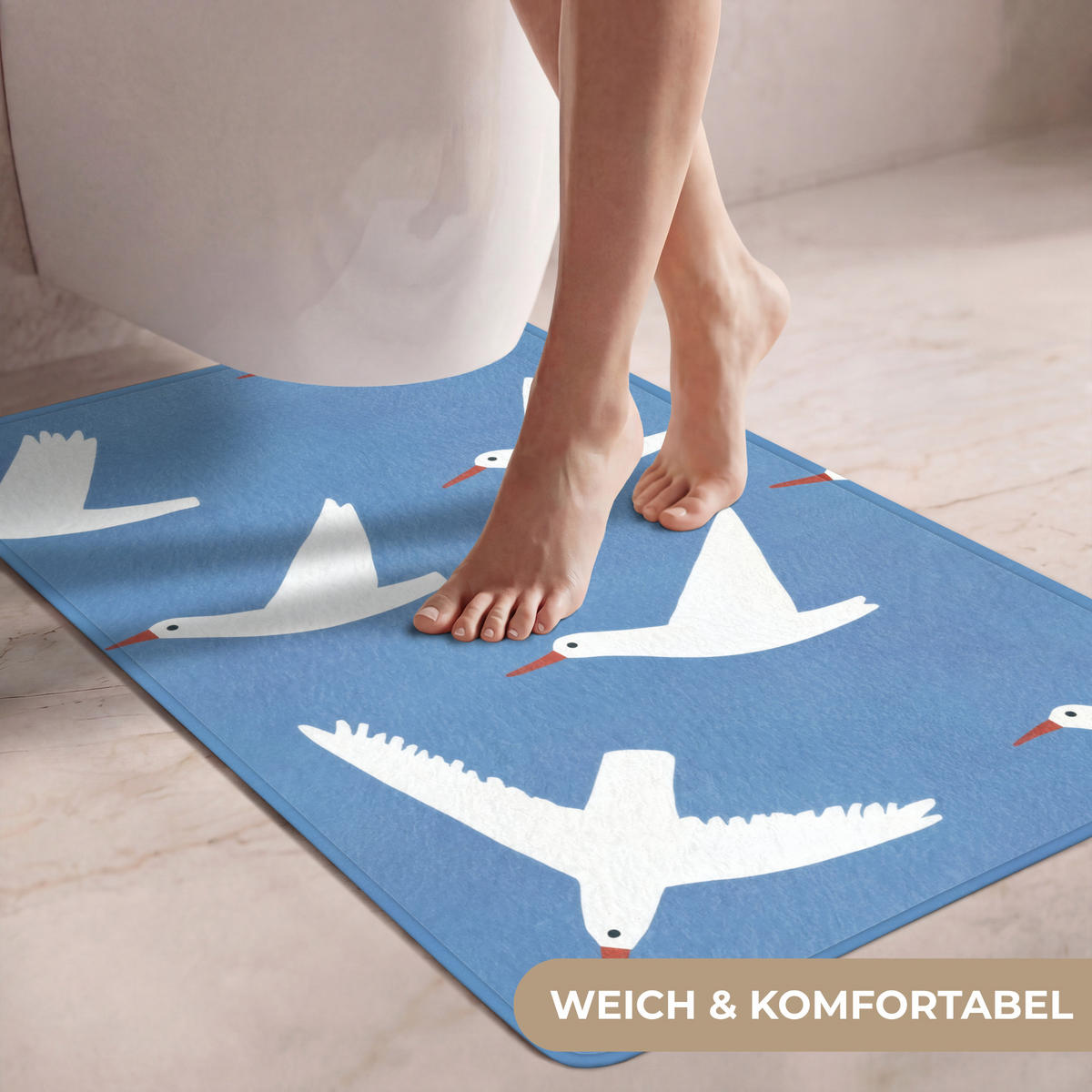 WC PŘEDLOŽKA Ptáci - bílá - vzor 60x90 cm - modrá, textil/plast (60/1cm) - OnlyWow
