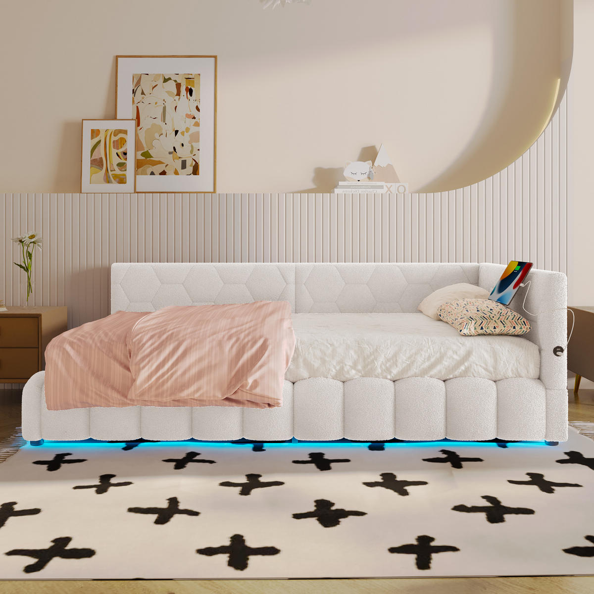 POLSTERBETT 90/200 cm mit LED-Beleuchtung und USB-Anschluss Vliesimitat Weiß - Weiß, Textil (90/200cm) - OKWISH