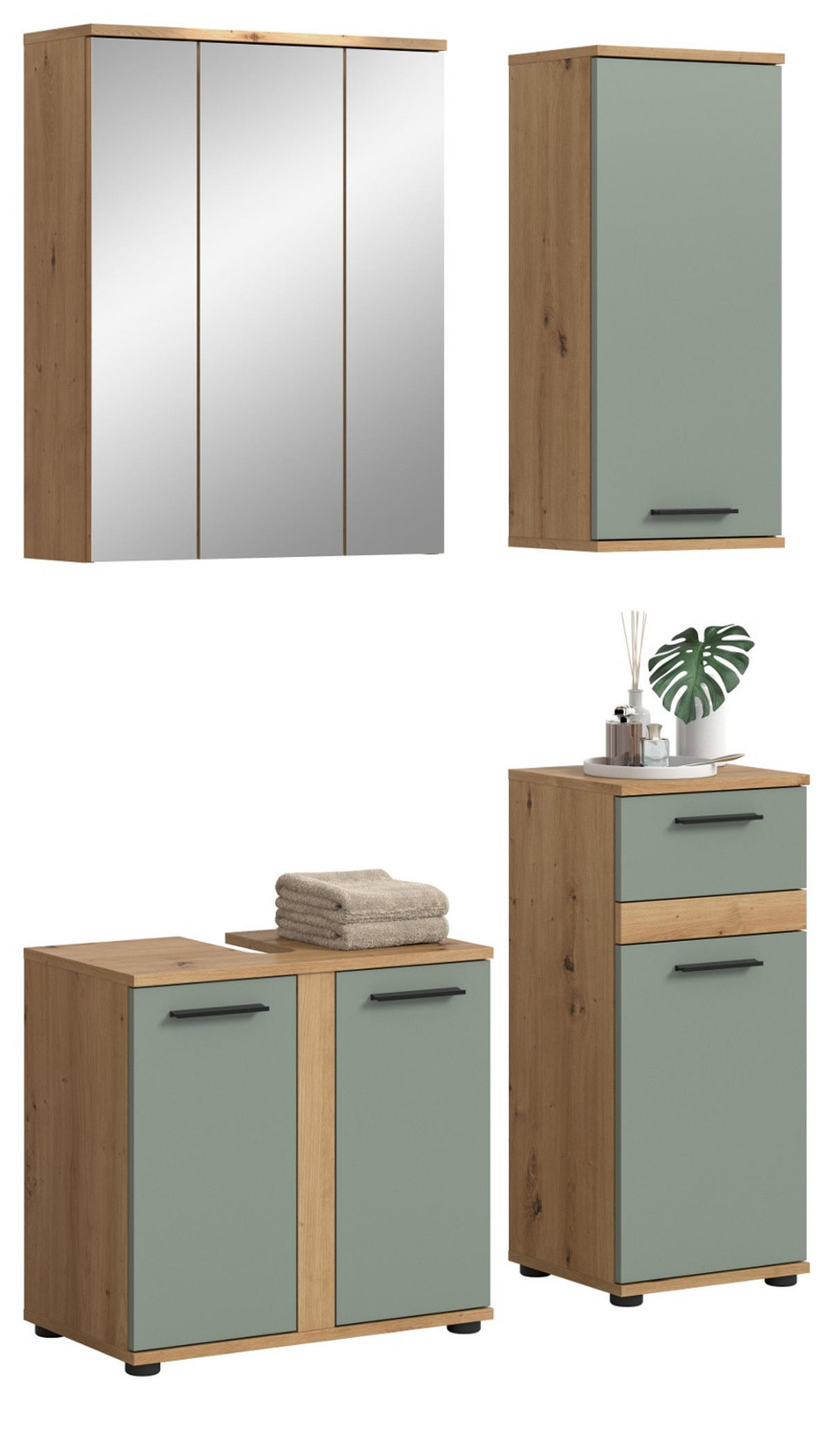 BADMÖBEL-SET Salbei grün, Eiche Artisan 112 cm 4-teilig, Badkombination in modernem Design - Salbeigrün/Schwarz, Glas/Holzwerkstoff (112/191/34cm) - Inn.Furn