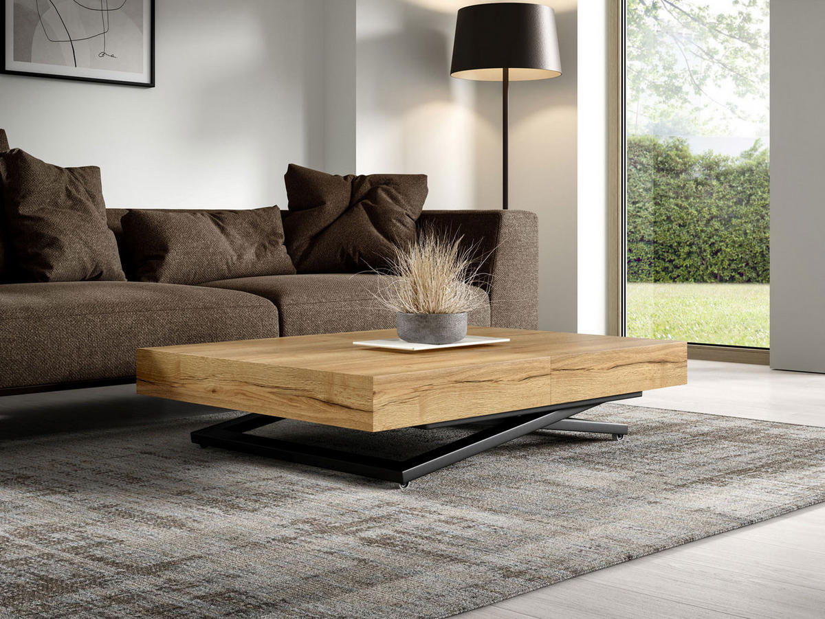 COUCH-/ESSTISCH Sanna U Halifax Eiche natur 120 - 200 / 80 / 27 - 80cm - Alteiche/Schwarz, Holz/Holzwerkstoff (80/120/27cm) - Feldmann-Wohnen