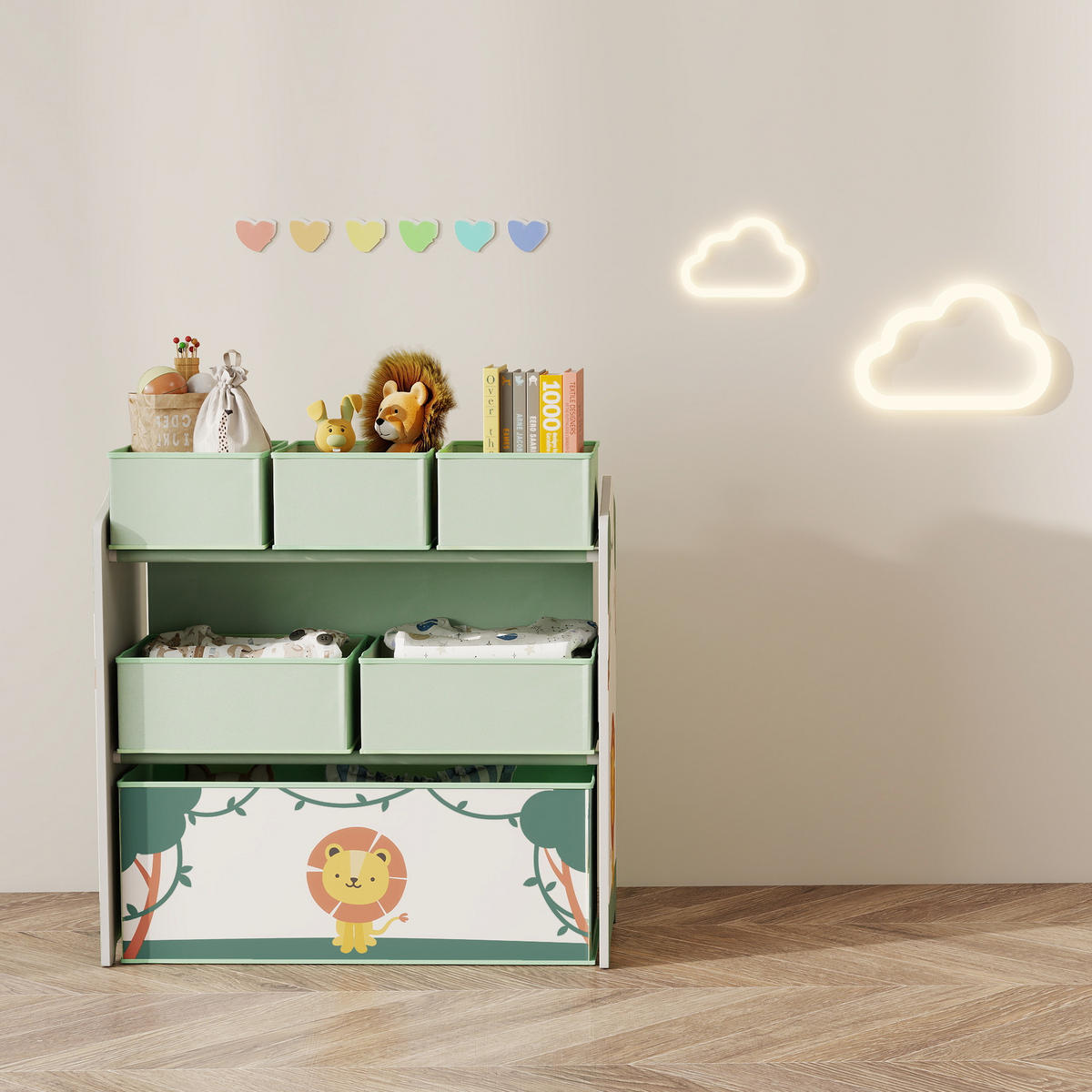 KINDERREGAL DE-17258 3 Ebenen & 6 herausnehmbare Stoffboxen Grün - Grün, Holzwerkstoff (63/66/30cm) - ComfortXL