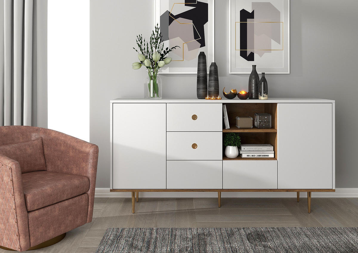 SIDEBOARD Harmoni, Weiß, Eiche, Goldene Details - Goldfarben/Weiß, Holzwerkstoff/Metall (160/83/45cm) - Skandica