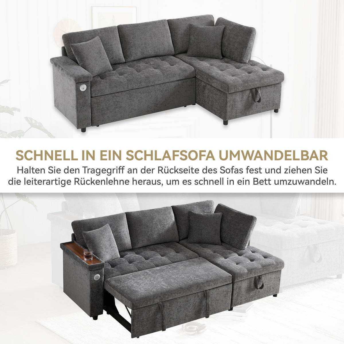 SCHLAFSOFA L-Form mit Stauraum, USB und 2 Kissen, Grau - Dunkelgrau, Textil (209/84/130cm)