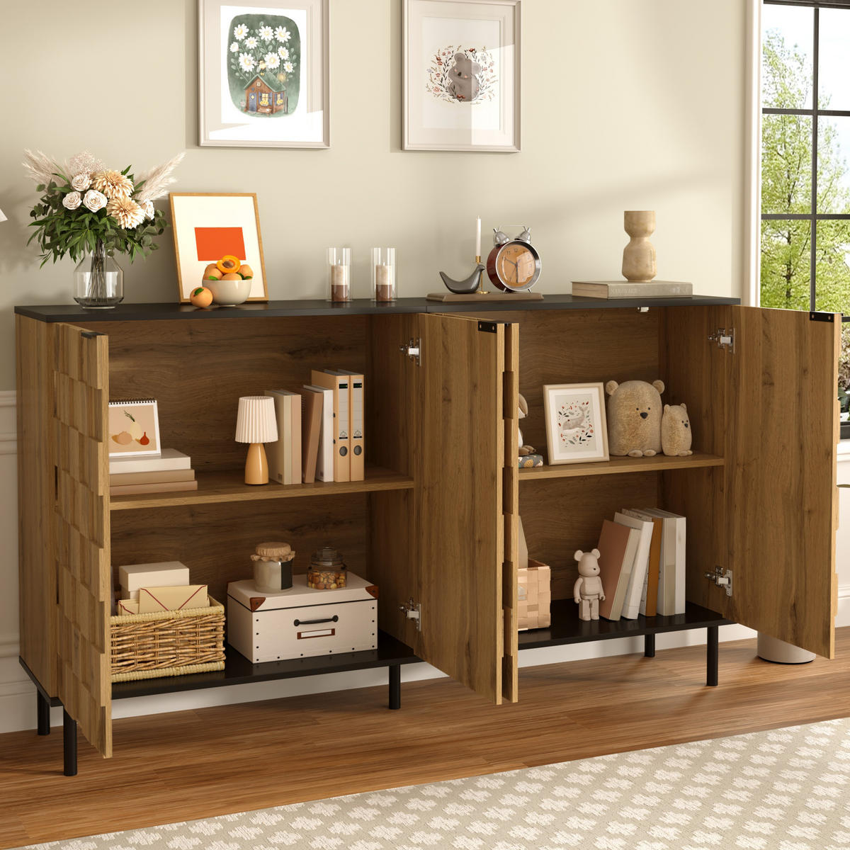 SIDEBOARD Moderner Aufbewahrungsschrank mit Mosaik-Türdesign, Metallfüßen, Stauraum, Holzoptik, Spanplatte - Naturfarben, Holzwerkstoff/Metall (80/91.5/35cm) - EVRYAE