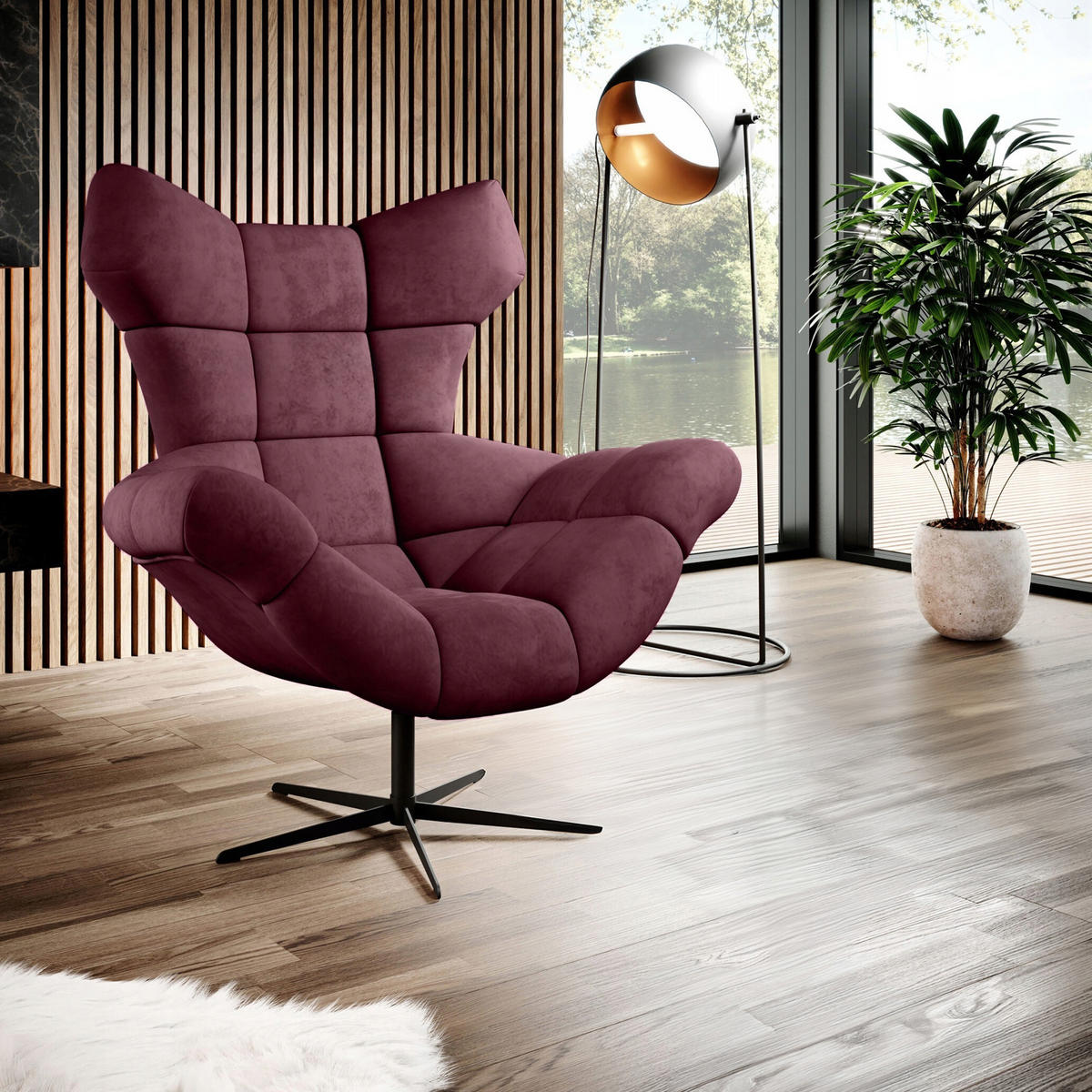 SESSEL SENSI Relaxstuhl mit 360° Drehung und Schwingfunktion – Lux-Schaumkissen, Kastanienbraun, 104x46x119 cm - Bordeaux/Schwarz, Holz/Textil (104/119/84cm) - DomoHome