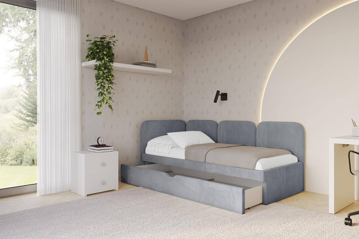 EINZELLBETT Jugendbett mit Bettkasten, Rechts - ALVY 80x200 Grau - Grau, Holzwerkstoff/Textil (80/200cm) - ALTDECOR
