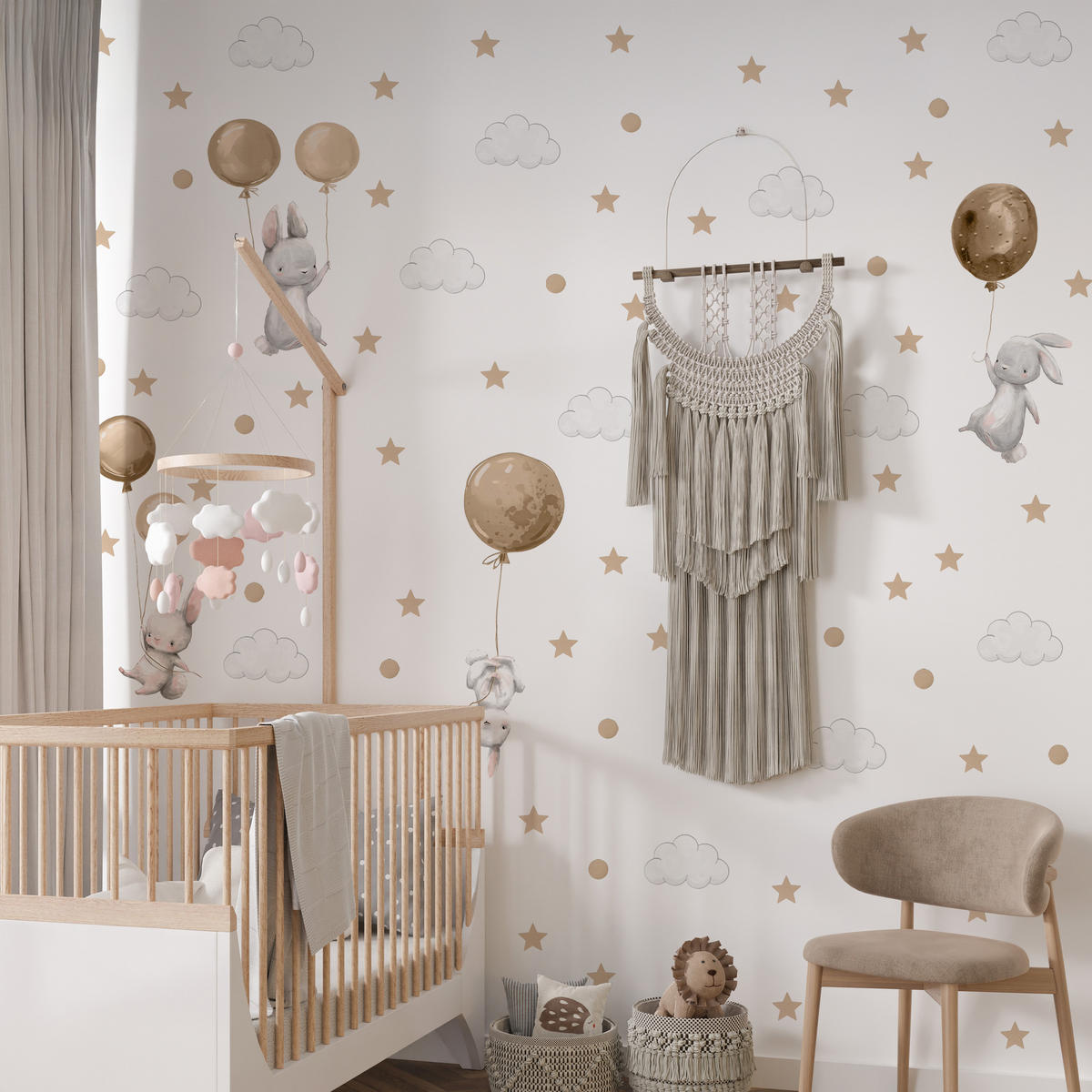 WANDAUFKLEBER SET Hasen Ballons Wolken Sterne 120x60 - Beige/Braun, Papier (120/60/1cm) - Muralo