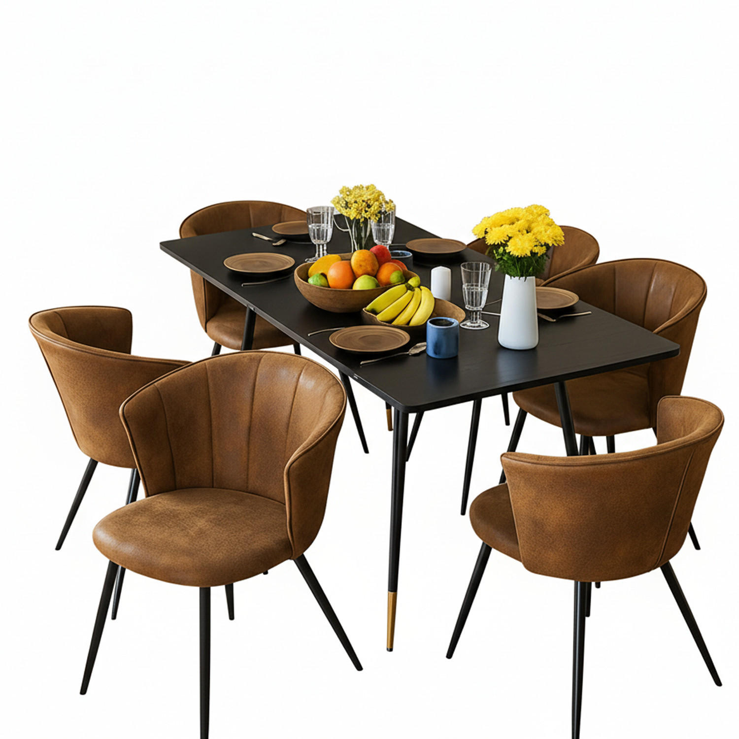 AUSZIEHBARER Esstisch Schwarz mit goldenen Beinen + 6 Schalensessel in Wildlederoptik - Multicolor/Schwarz, Metall (46/74.5/43cm) - Meubles Cosy