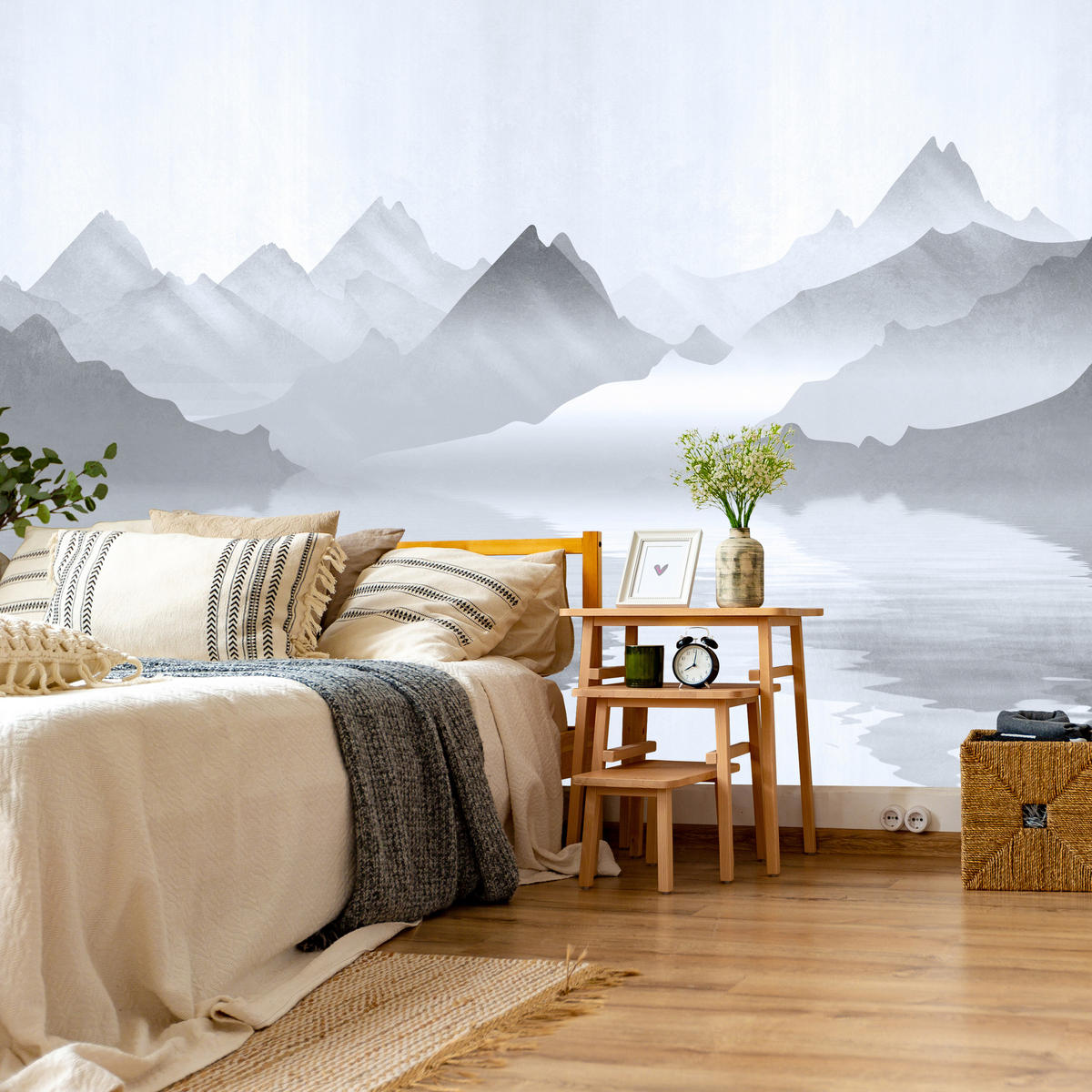 FOTOTAPETE für Wohnzimmer Aquarell Graue Berge See 400x280 - Weiß/Grau, Papier (400/280cm) - Muralo