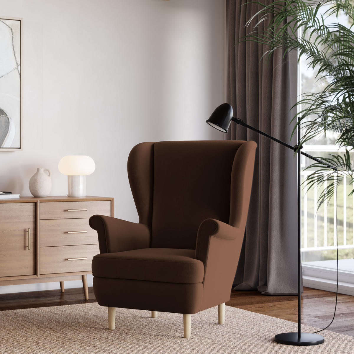 SESSEL LENTIO Ohrensessel Polstersessel, Braun - Braun, Holz/Holzwerkstoff (75/103/75cm) - MASSENO