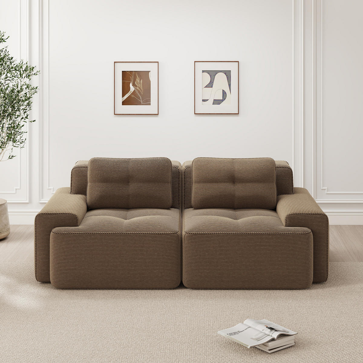 2-SITZER SOFA Cord Braun mit rutschfester Basis - Braun, Textil (204/69/104cm) - WISHDOR