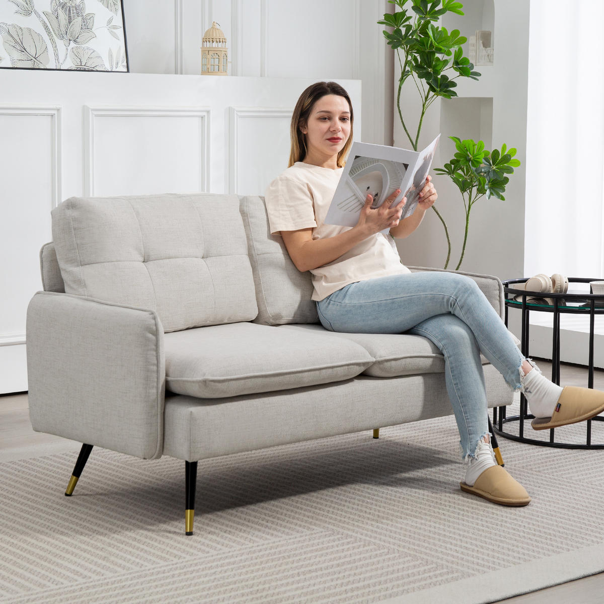 SOFA, 2-Sitzer, gesteppte Rückenlehne, cremefarben, 139x68x80cm - Multicolor, Holzwerkstoff (139/80/68cm) - FORIOUS