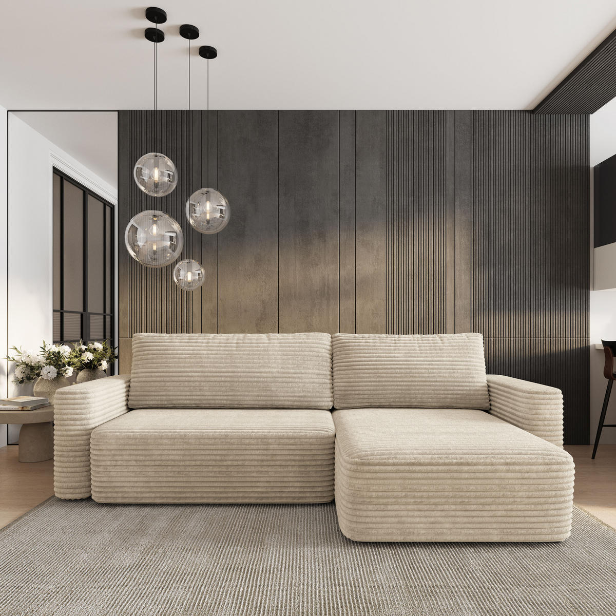 ECKSOFA TELIN Creme Kordstoff mit Schlaffunktion - Creme, Holz (280/162cm) - MASSENO