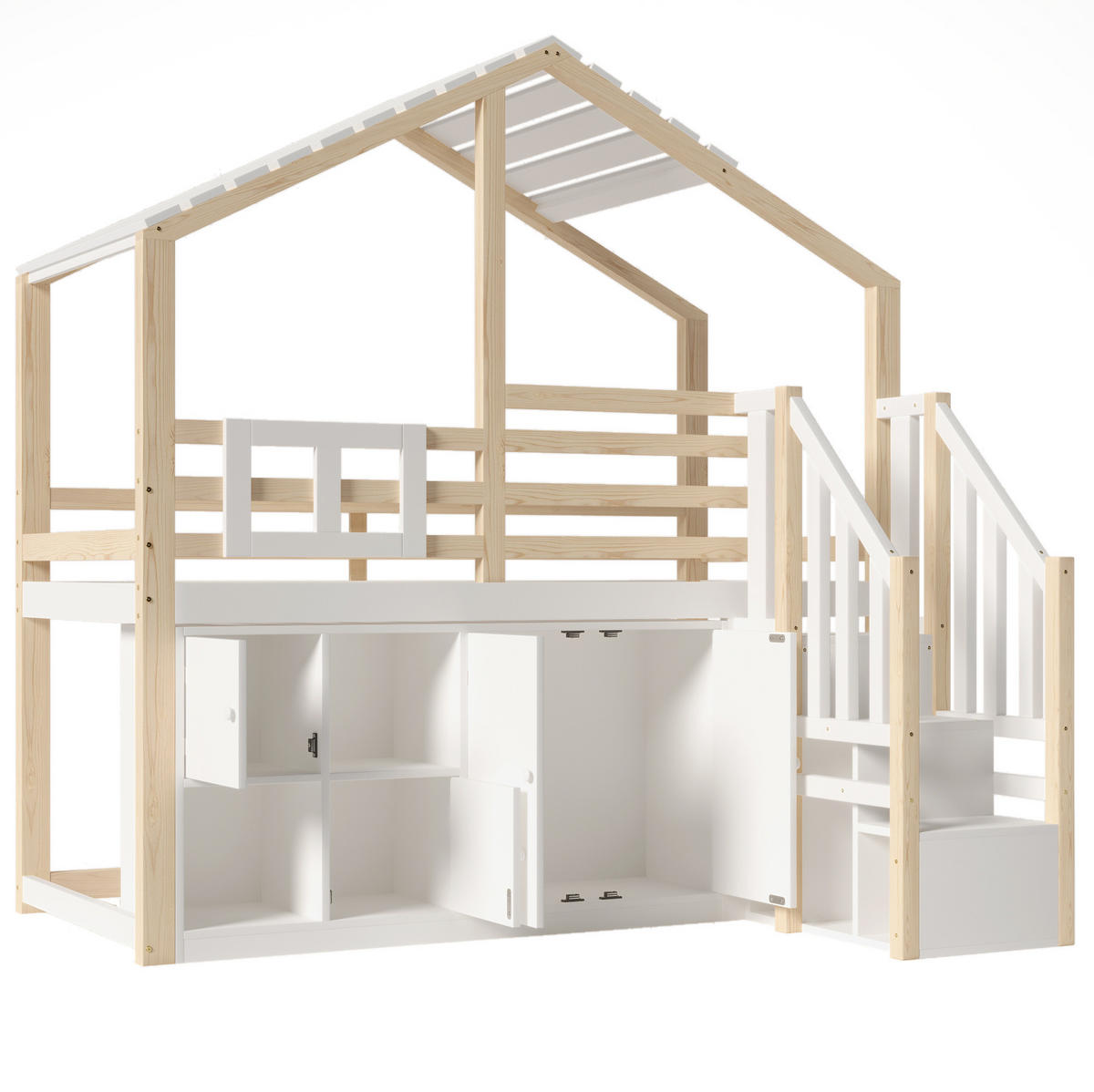 HOCHBETT aus Kiefer 90x200 cm Weiß/Natur mit Stauraumleiter, Schließfächern, Fenster und Hausform - Weiß, Holz (90/200cm) - Modfu