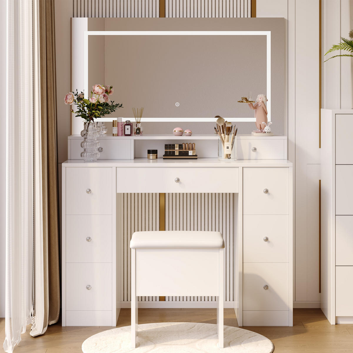 SCHMINKTISCH mit Spiegel LED 9 Schubladen Steckdose Weiß - Weiß, Holz (110/150/40cm)