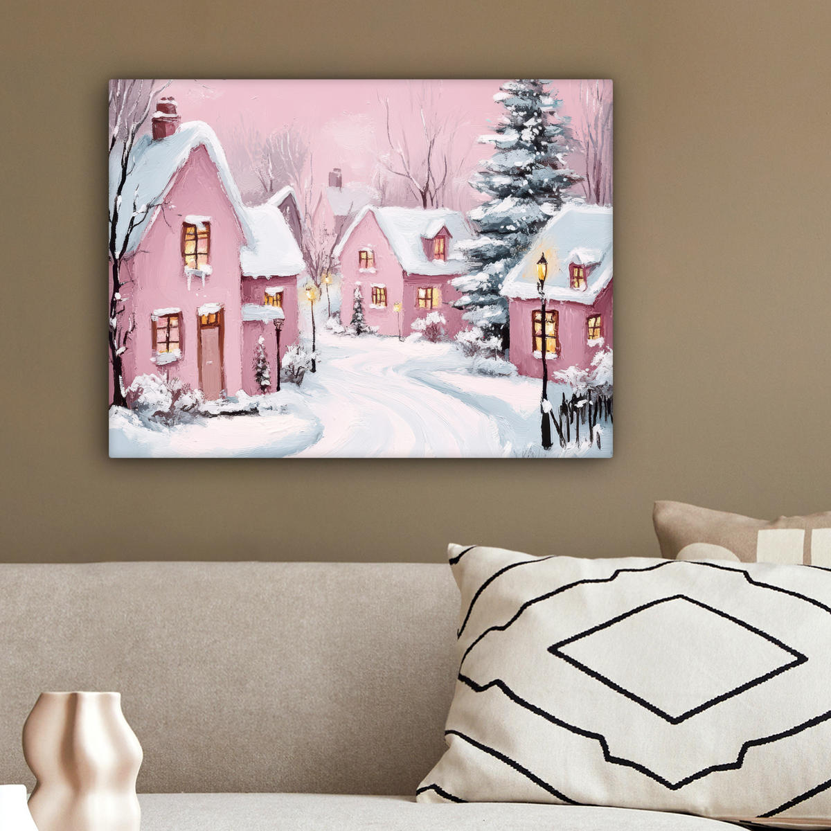 LEINWANDBILD Weihnachtsdorf - Rosa - Winter - Schnee - Häuser 40x30 cm - Altrosa, Textil (40/30cm) - MuchoWow