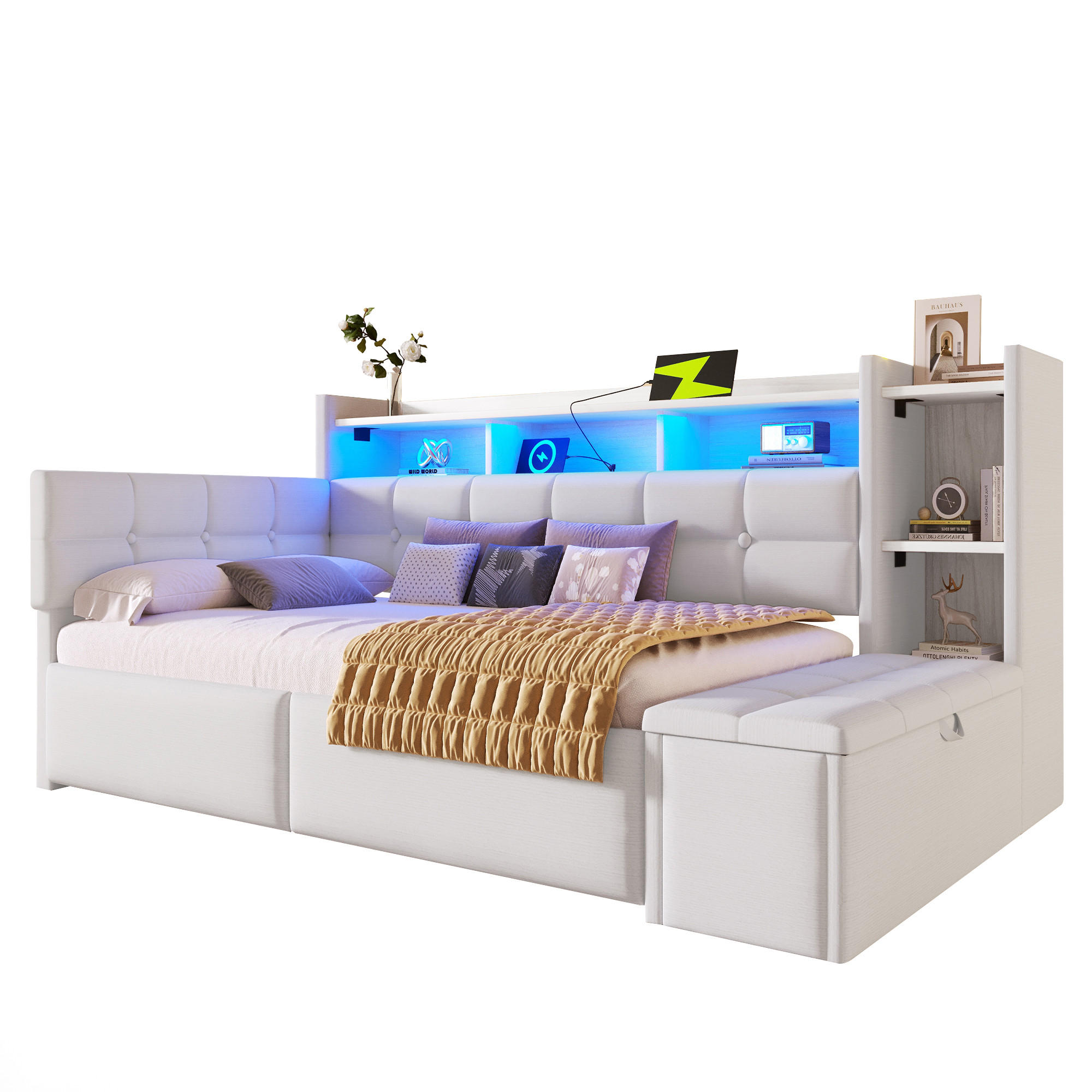 SCHLAFSOFA 90/190 cm in Weiß Samt mit 2 Schubladen, LED und USB - Weiß, Holzwerkstoff/Textil (90/190cm) - WISHDOR