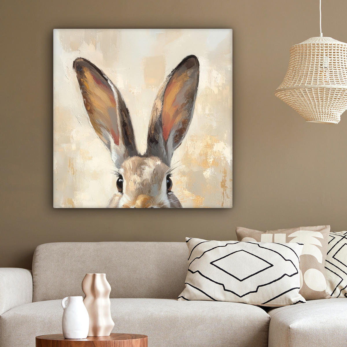 LEINWANDBILD Hase - Ohren - Braun Deko Groß 90x90 cm - Beige, Textil (90/90cm) - MuchoWow