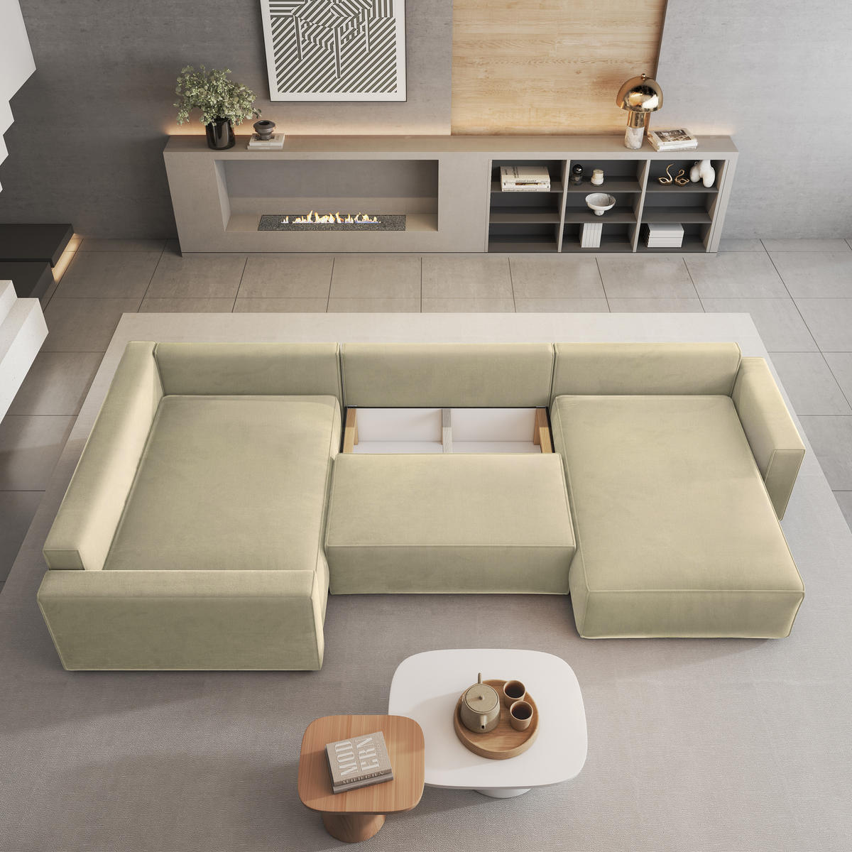 WOHNLANDSCHAFT VELAMI L-S Creme Velours-Stoff mit Schlaffunktion - Creme, Holz (365/83/194cm) - MASSENO