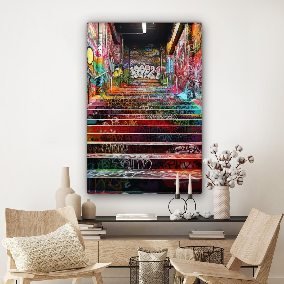LEINWANDBILD Treppe - Graffiti - Farben - Kunst Deko XXL 80x120 cm - Multicolor, Textil (80/120cm) - MuchoWow