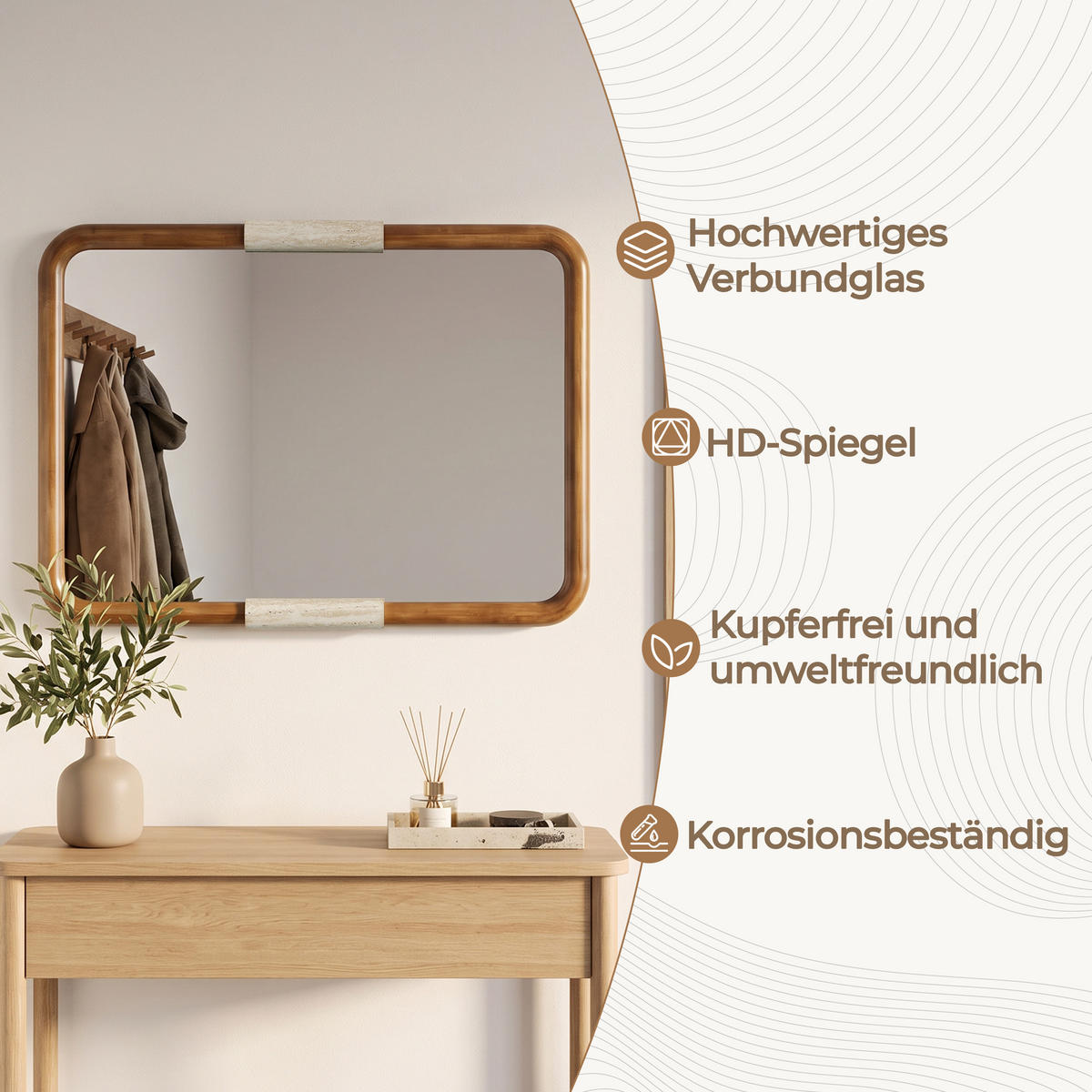 RECHTECKIGEM Holz Wandspiegel mit Rahmen B56×H76cm - Braun, Naturmaterialien/Holz (3/76.5/56cm) - Hometopia