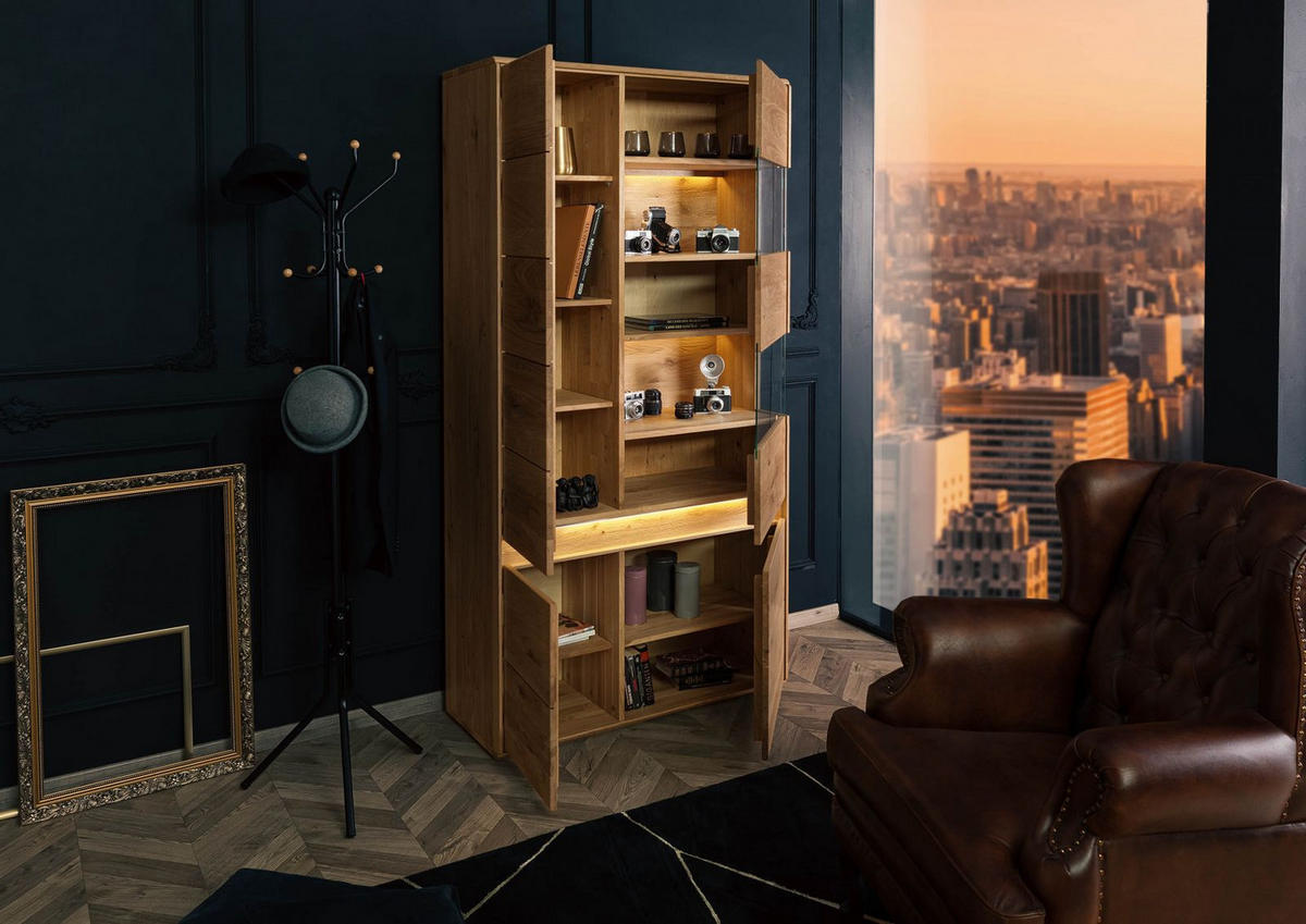 VITRINE Wildeiche inkl. LED 103x43,5x207 natur geölt CARDIFF #110 - Braun, Holz (103/207/44cm) - Massivmoebel24